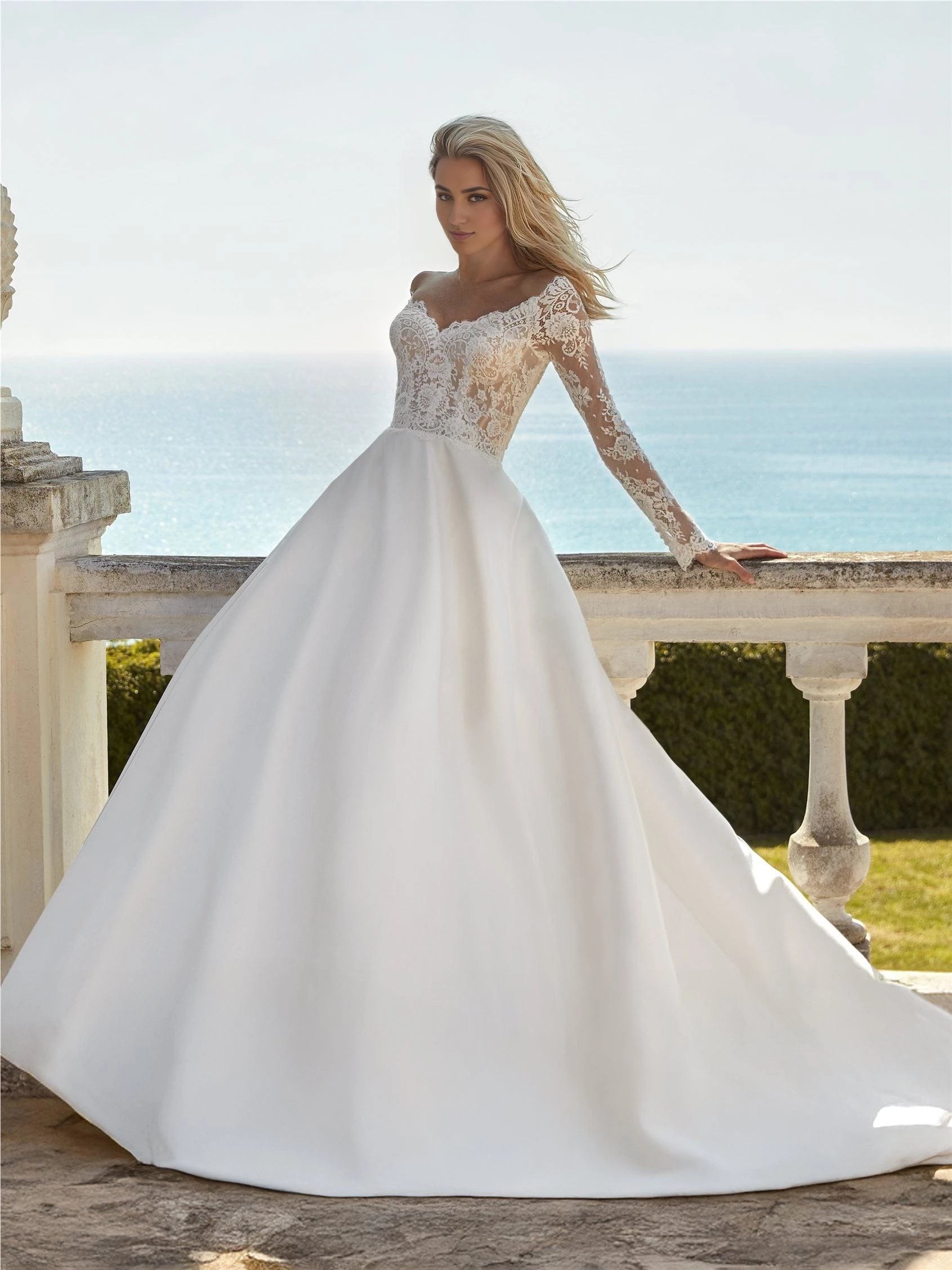 Elegant Ball Gown Off The Shoulder Long Sleeve Lace Up Back Floor Length Wedding Dress