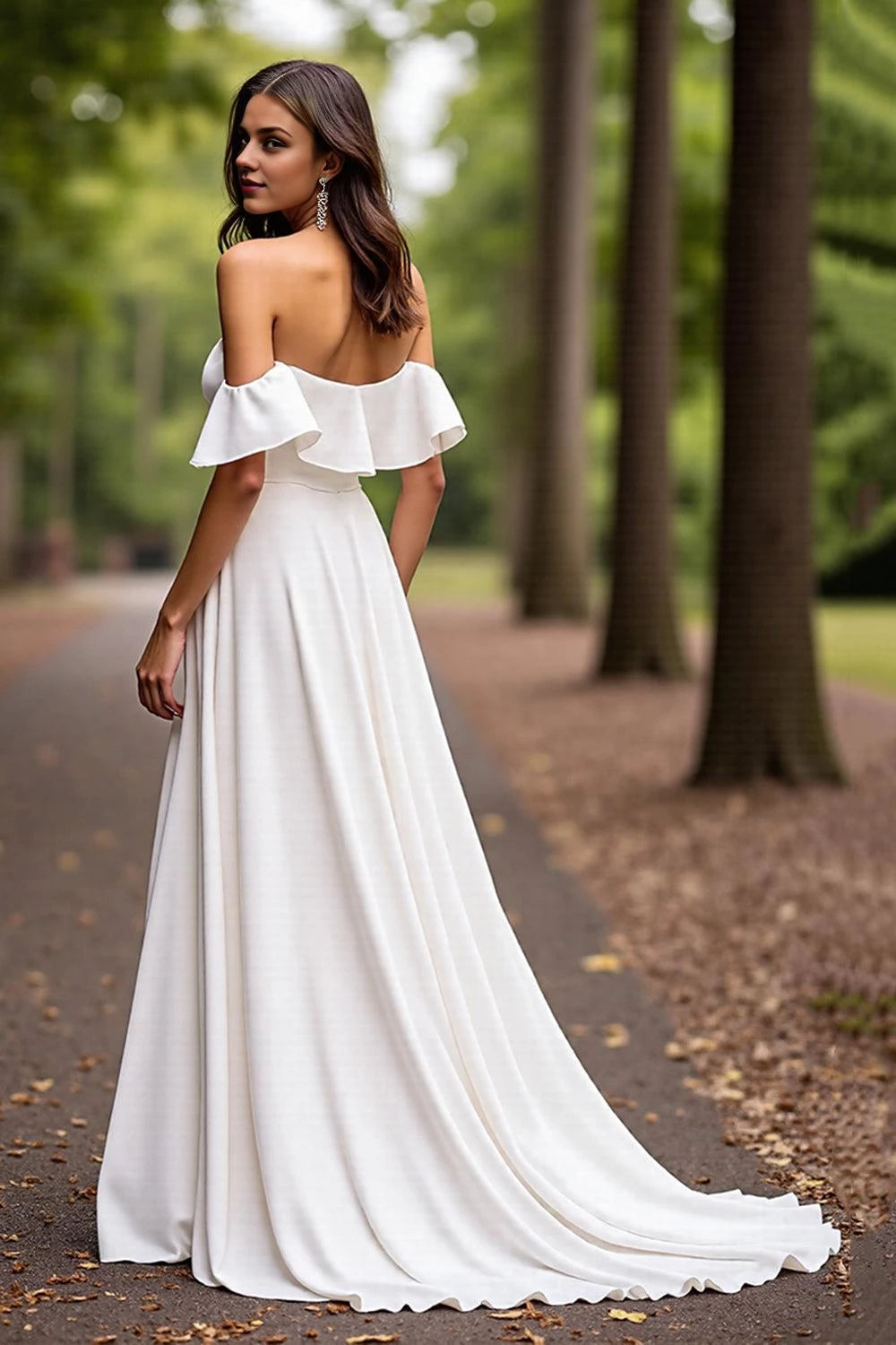 Elegant Ball Gown Off The Shoulder Ruffled Sleeve Open Back Floor Length Wedding Dress