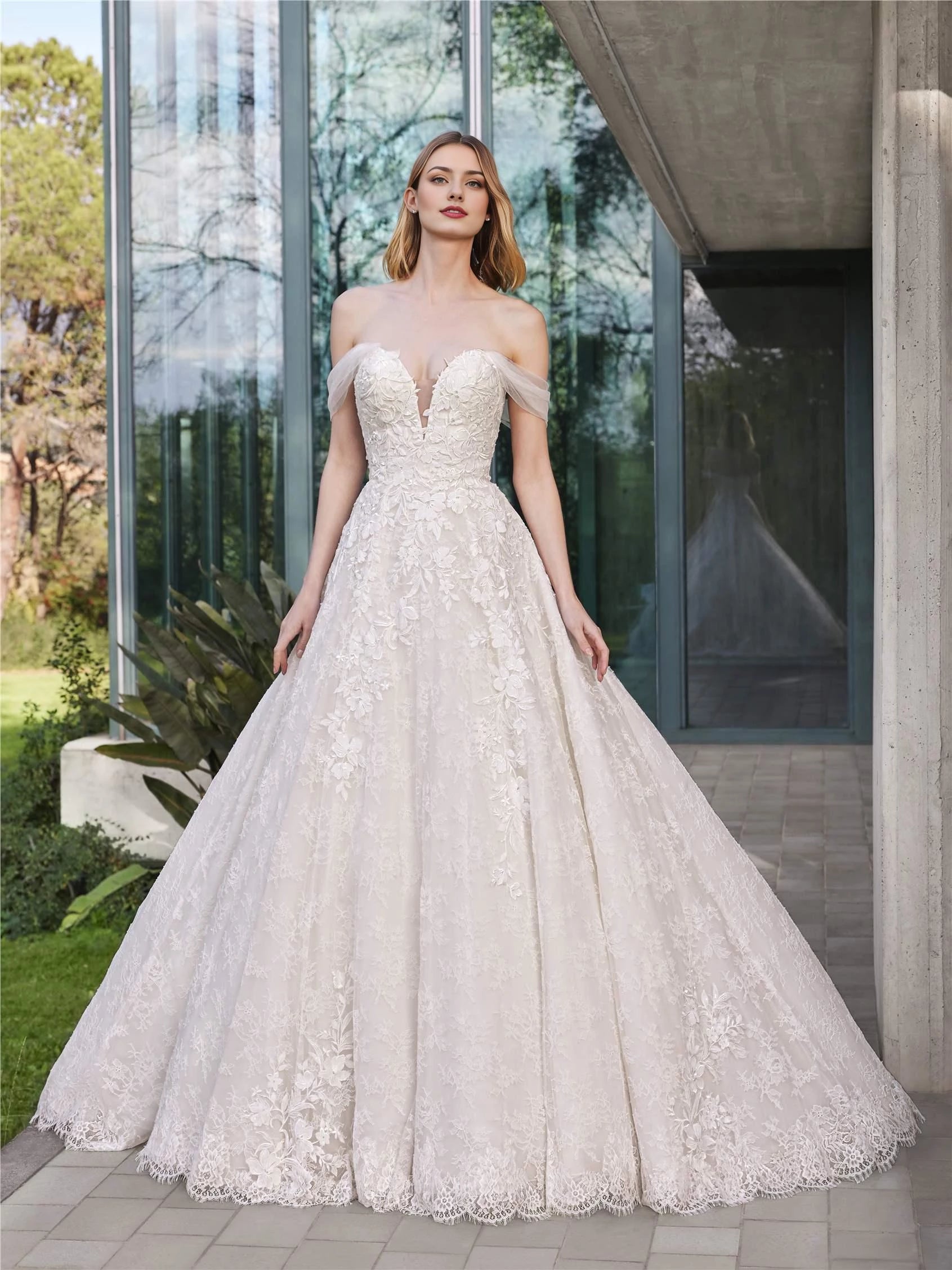 Elegant Ball Gown Off The Shoulder Sheer Sleeve Button Back Floor Length Wedding Dress