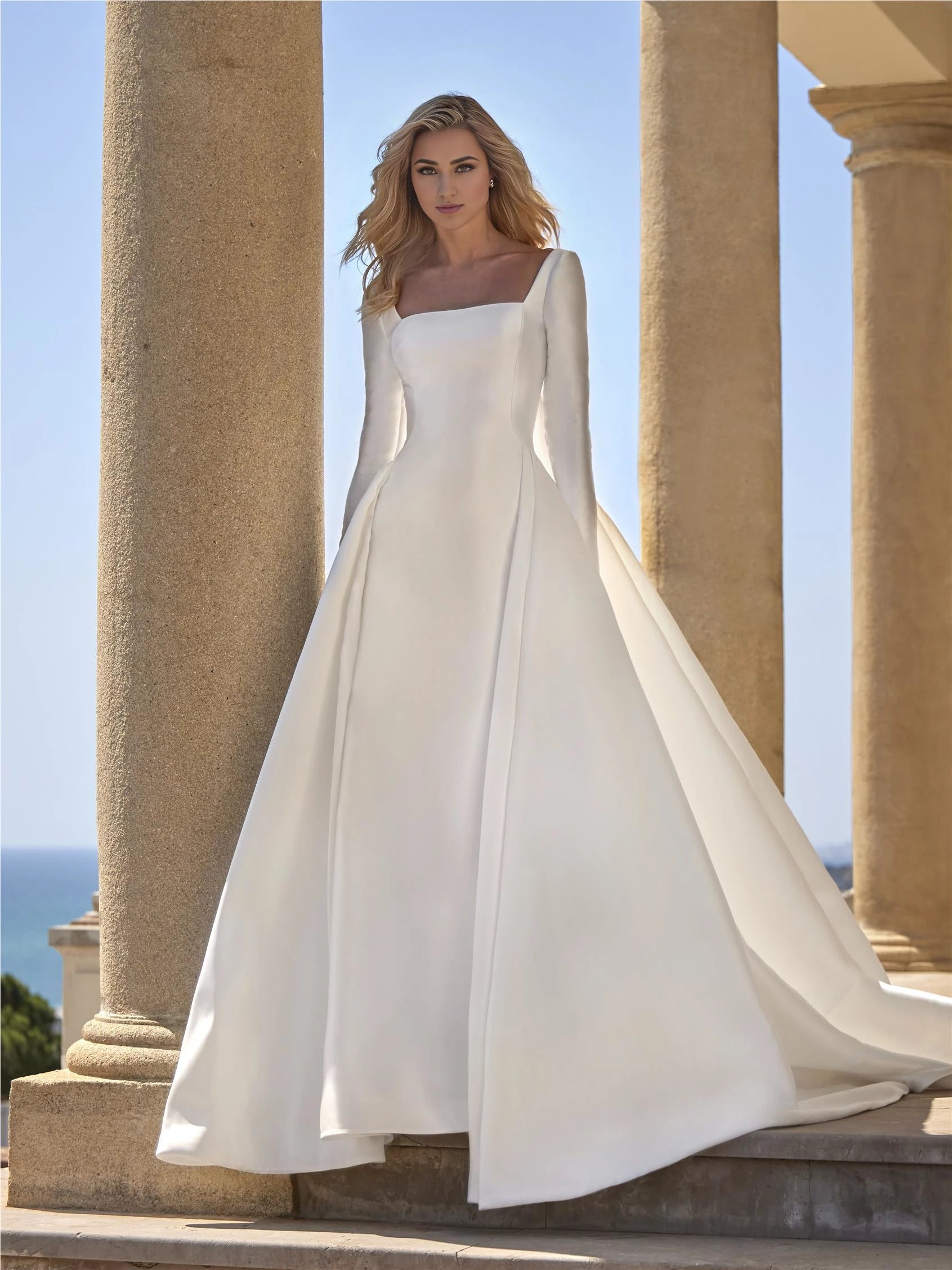 Elegant Ball Gown Square Neck Long Sleeve Lace Up Back Floor Length Wedding Dress