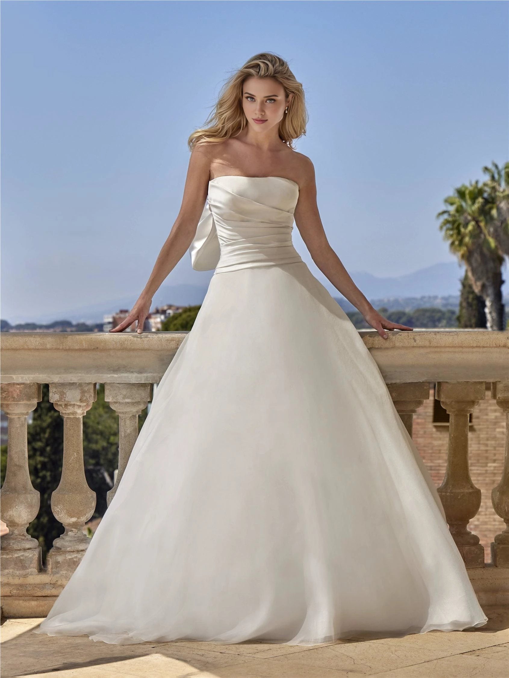 Elegant Ball Gown Strapless Sleeveless Bow Back Floor Length Wedding Dress