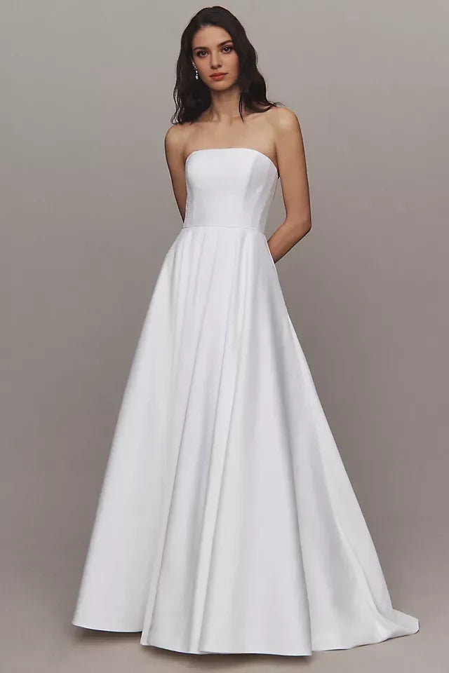 Elegant Ball Gown Strapless Sleeveless Button Back Floor Length Wedding Dress