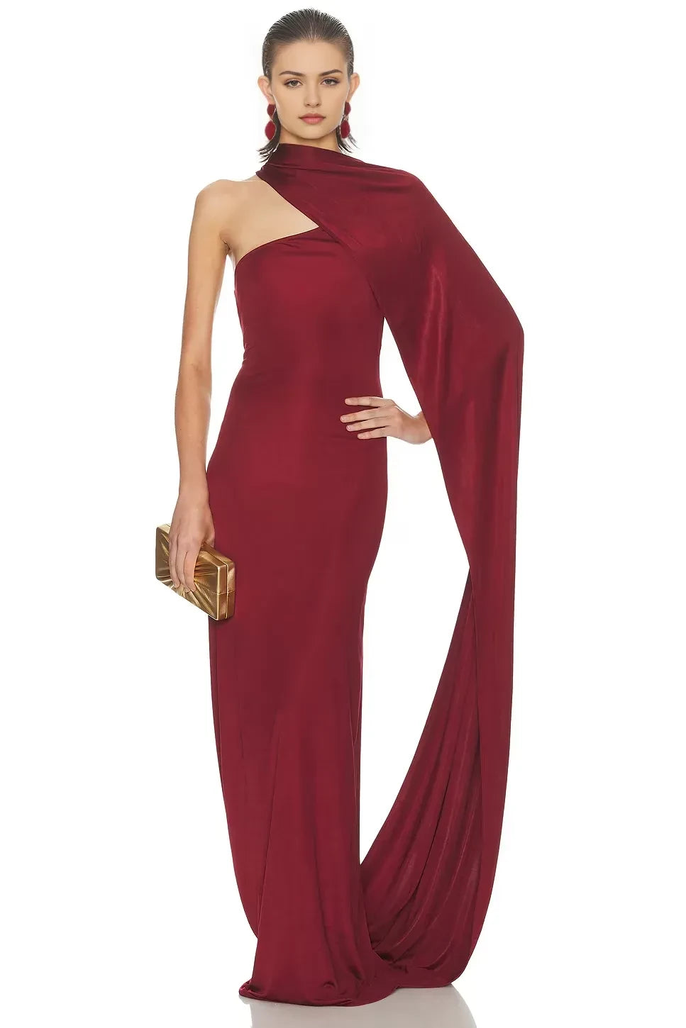 Elegant Mermaid Asymmetric Neck Draped Sleeve Criss Cross Back Floor Length Evening Dress