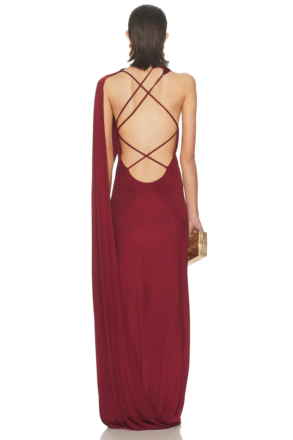 Elegant Mermaid Asymmetric Neck Draped Sleeve Criss Cross Back Floor Length Evening Dress
