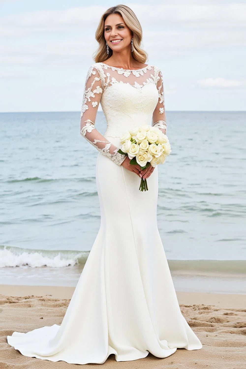 Elegant Mermaid Boat Neck Lace Long Sleeve Illusion Back Floor Length Wedding Dress