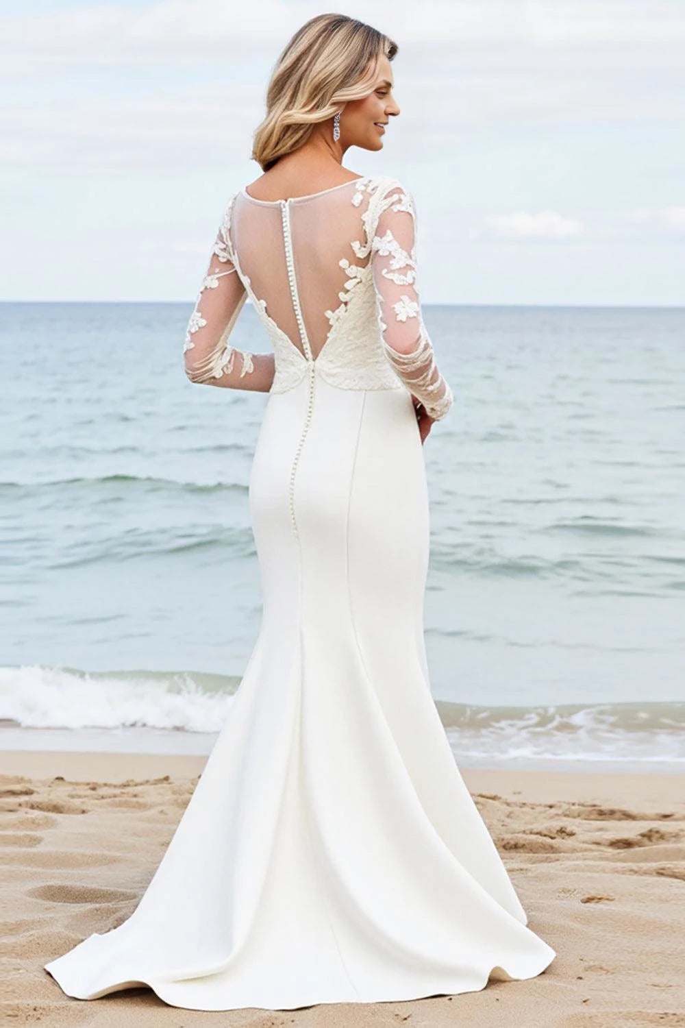 Elegant Mermaid Boat Neck Lace Long Sleeve Illusion Back Floor Length Wedding Dress