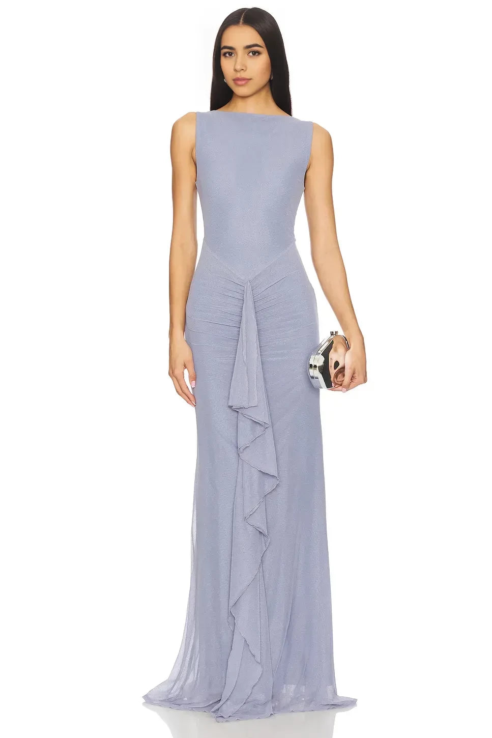 Elegant Mermaid Boat Neck Sleeveless Ruffled Hem Floor Length Evening Dress