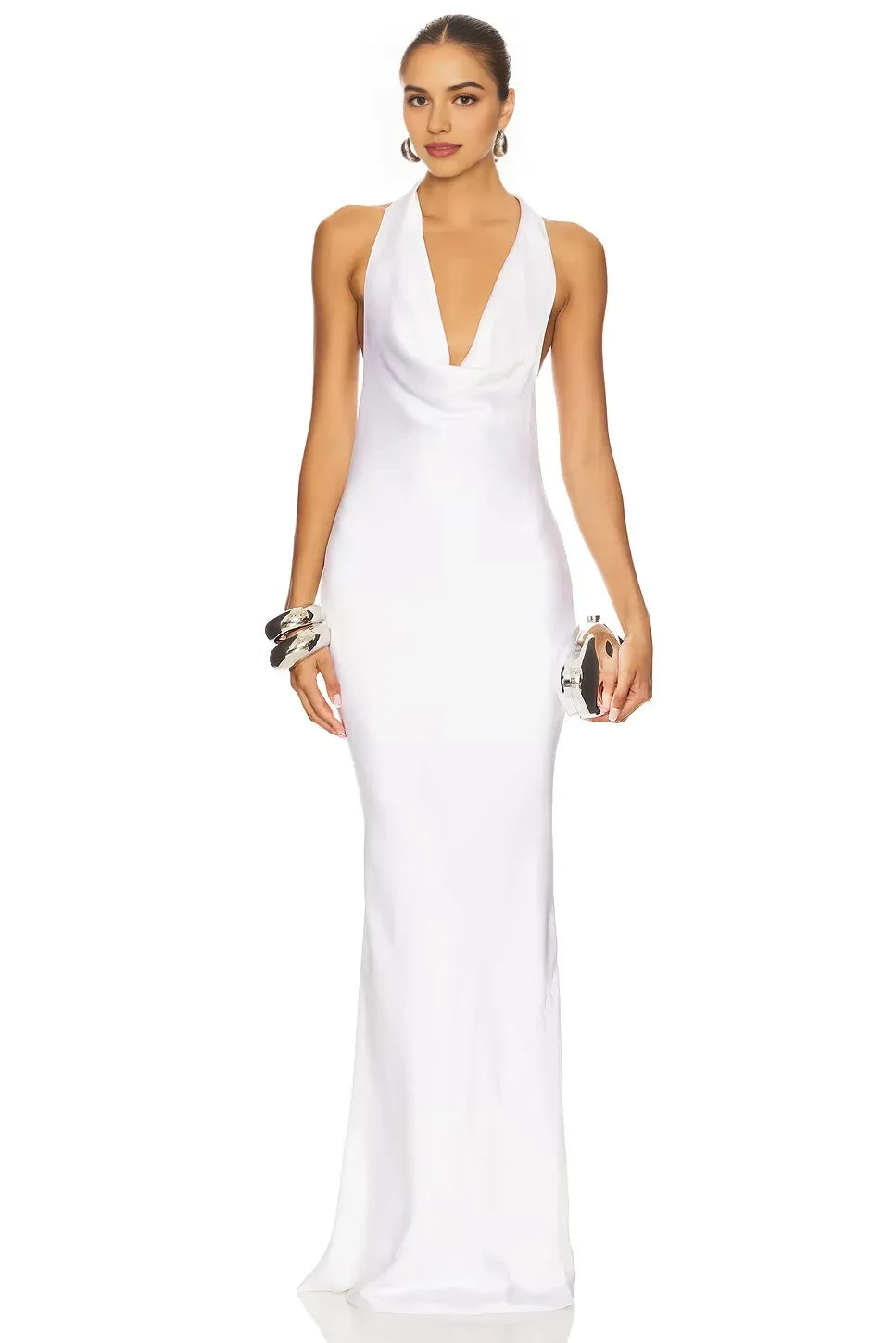Elegant Mermaid Cowl Halter Neck Sleeveless Keyhole Back Floor Length Evening Dress