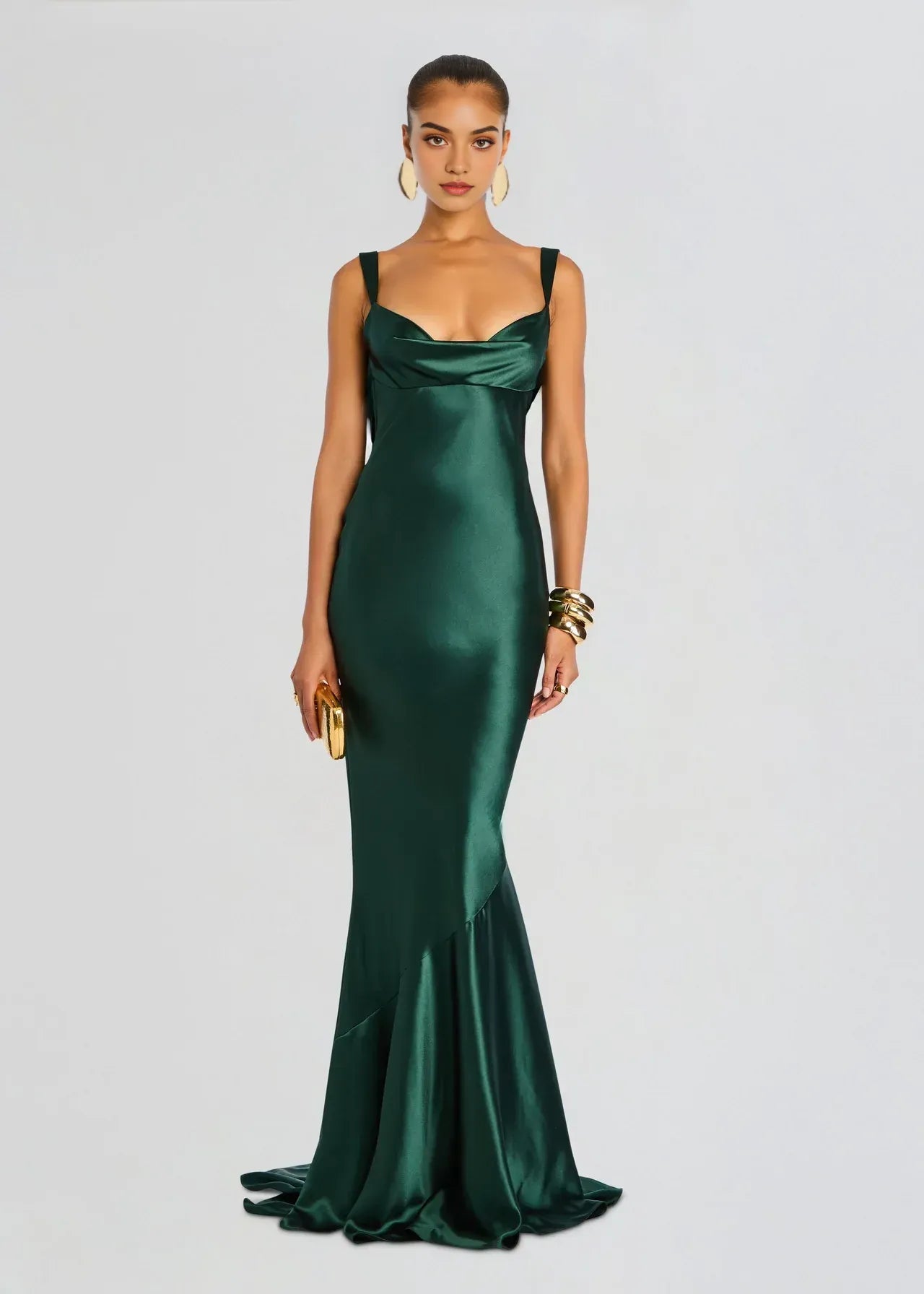 Elegant Mermaid Cowl Neck Sleeveless Draped Back Floor Length Plus Size Evening Dress