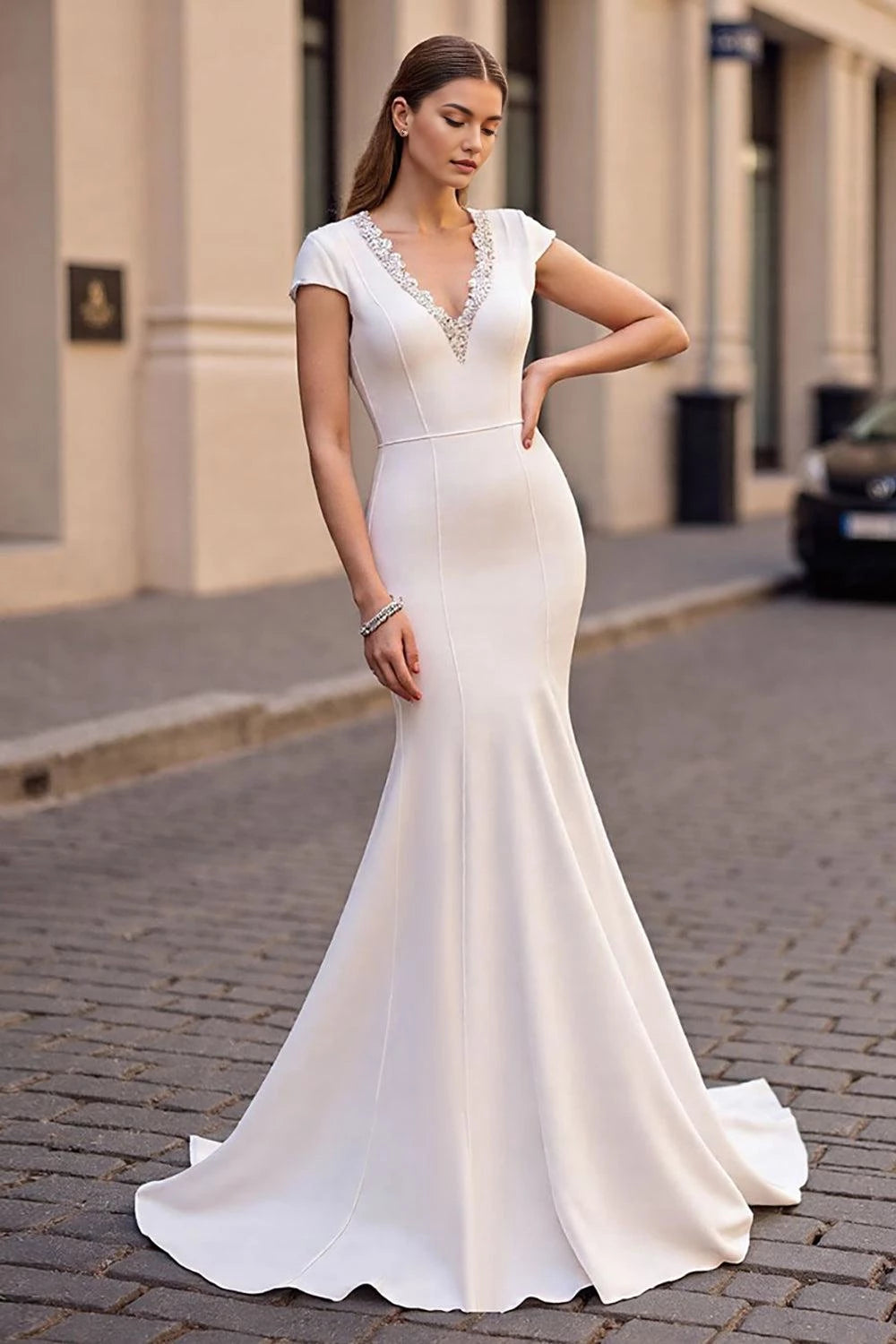 Elegant Mermaid Deep V Neck Cap Sleeve Open Back Floor Length Wedding Dress