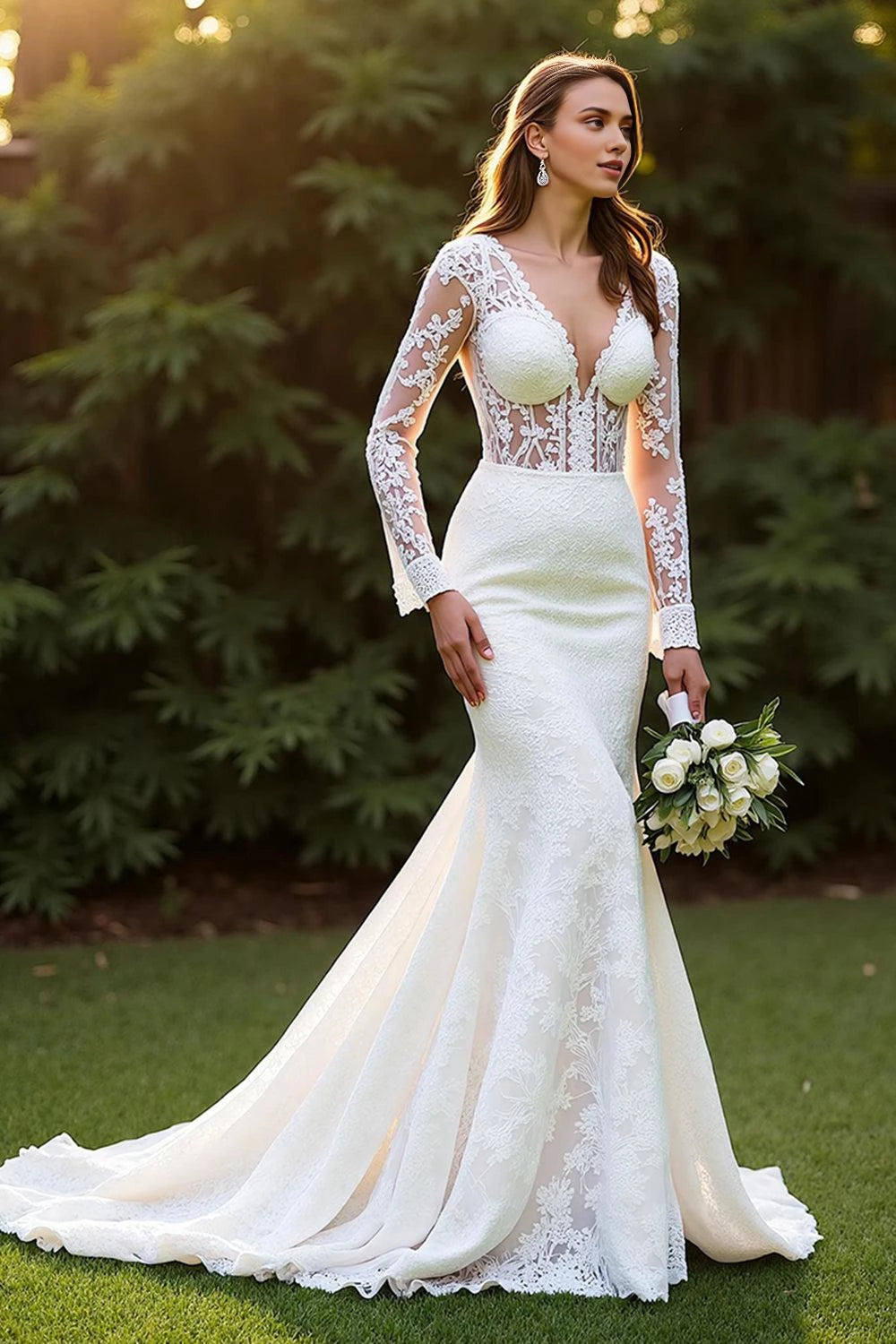 Elegant Mermaid Deep V Neck Long Sleeve Open Back Floor Length Wedding Dress