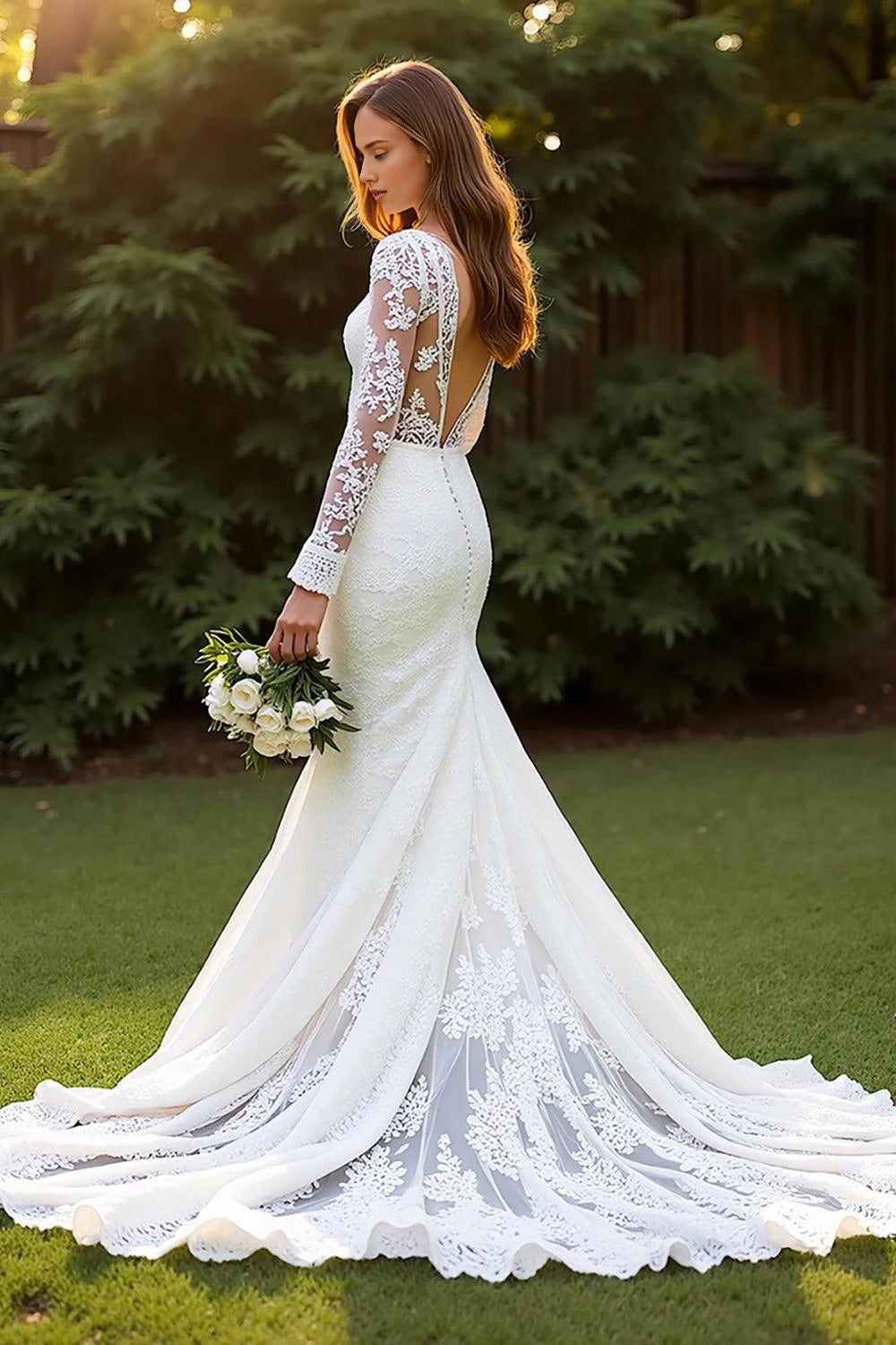 Elegant Mermaid Deep V Neck Long Sleeve Open Back Floor Length Wedding Dress