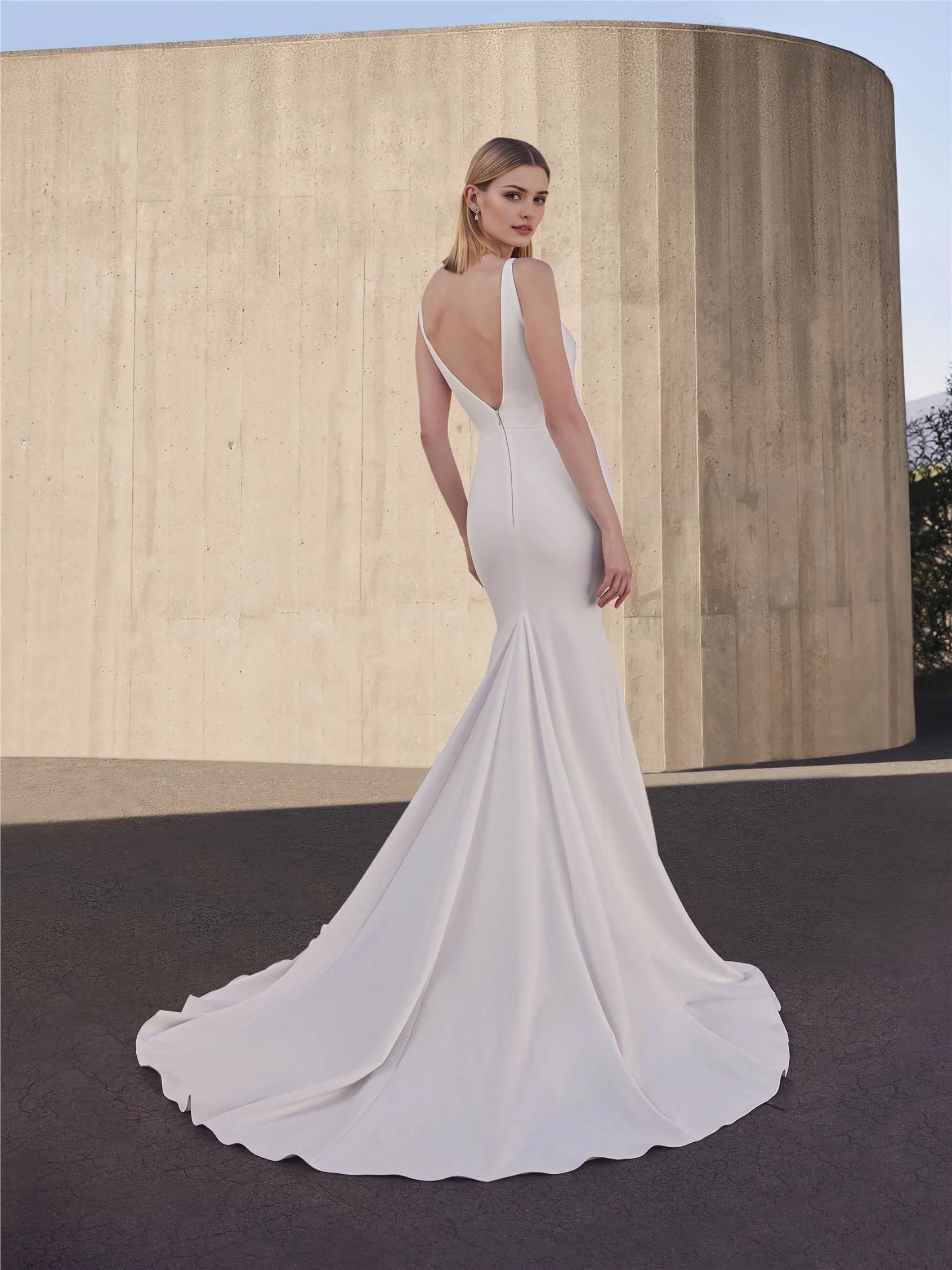 Elegant Mermaid Deep V Neck Sleeveless Low Back Floor Length Wedding Dress