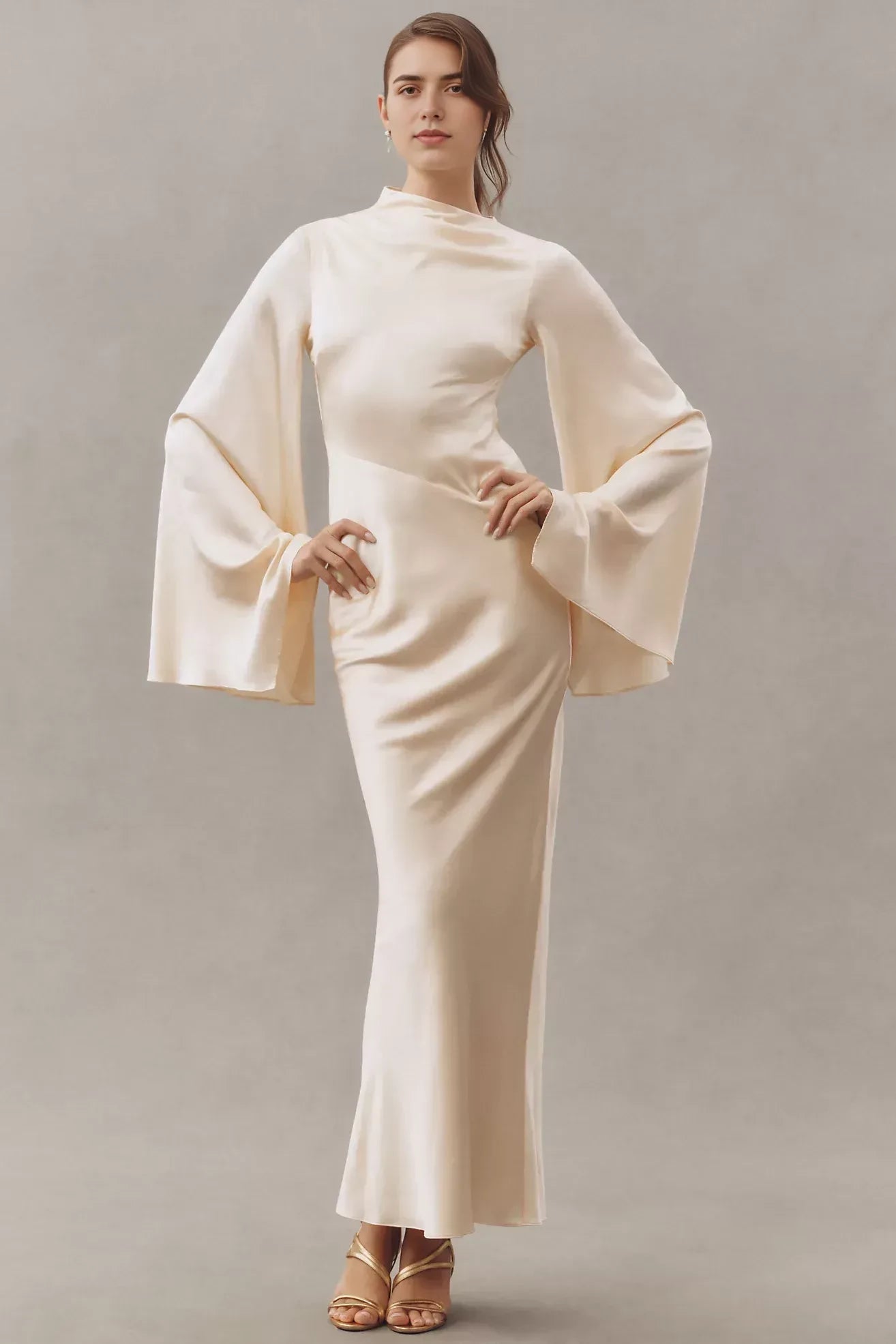 Elegant Mermaid High Neck Bell Sleeve Zipper Back Floor Length Evening Dress