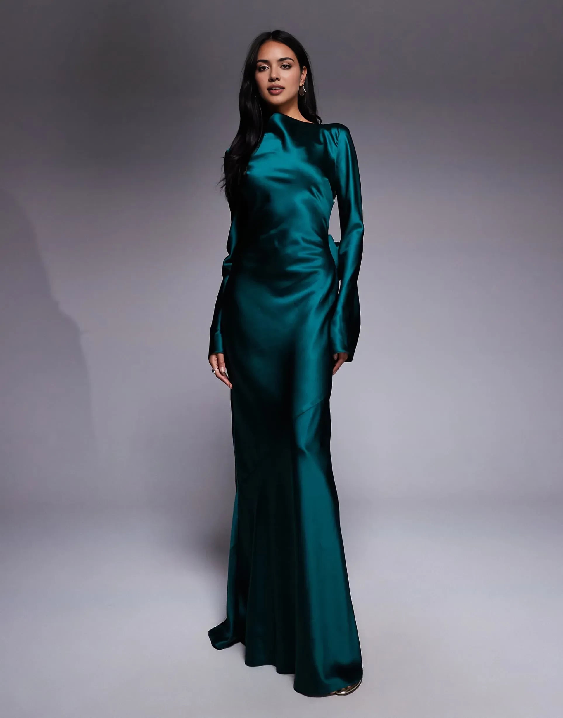 Elegant Mermaid High Neck Long Sleeve Bow Back Floor Length Evening Dress