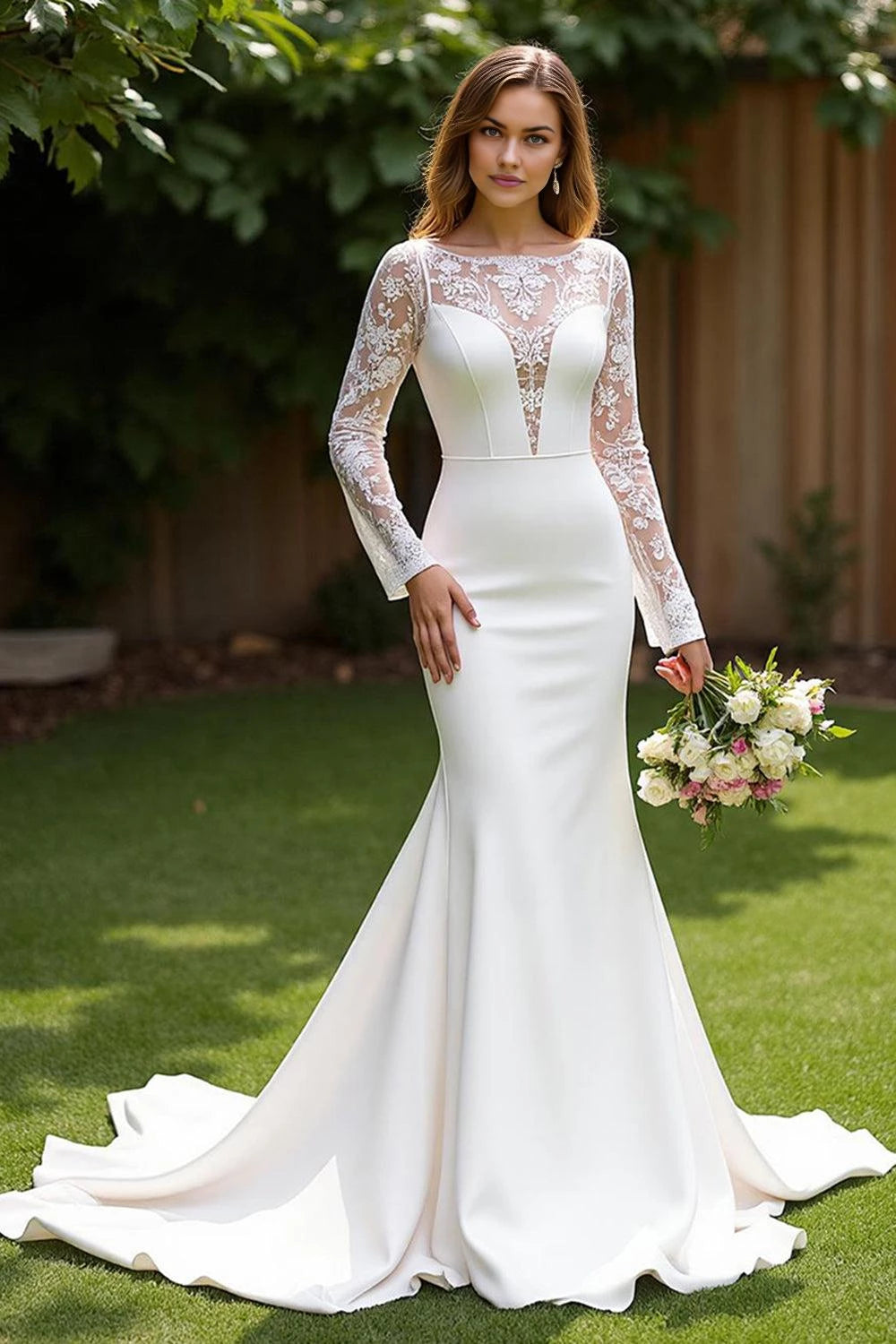 Elegant Mermaid Illusion Neck Long Sleeve Lace Back Floor Length Wedding Dress