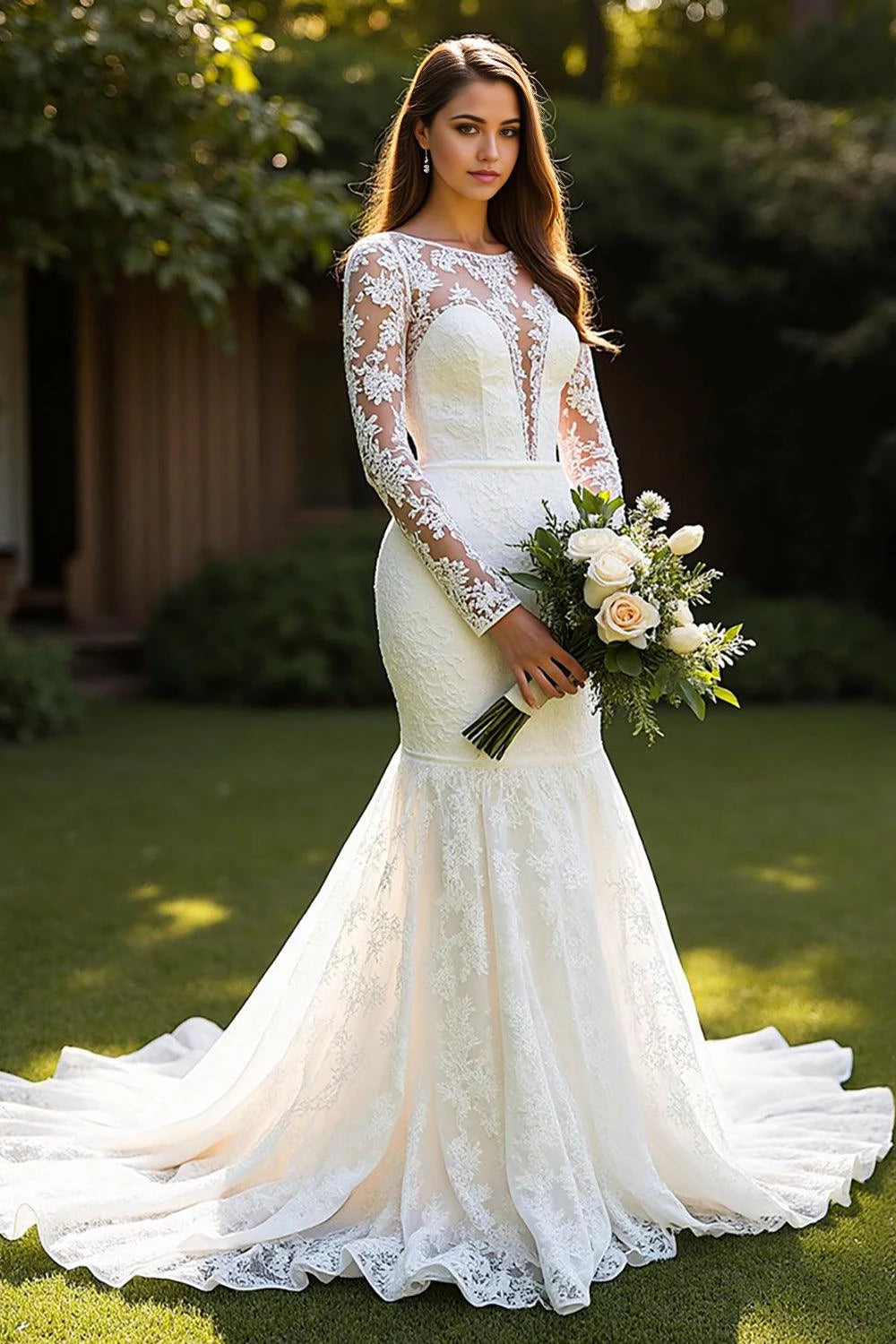 Elegant Mermaid Illusion Neck Long Sleeve Open Back Floor Length Wedding Dress