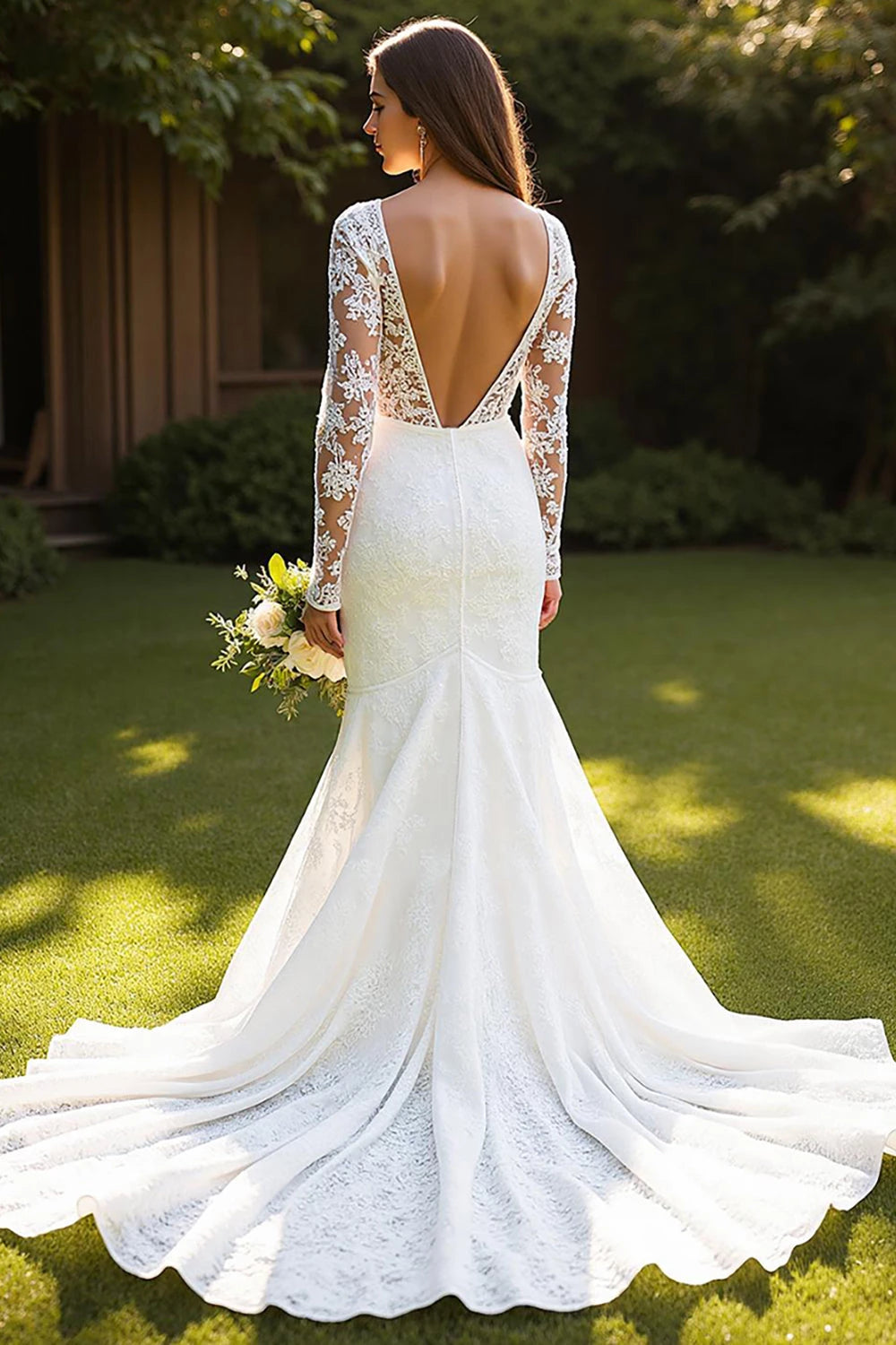Elegant Mermaid Illusion Neck Long Sleeve Open Back Floor Length Wedding Dress