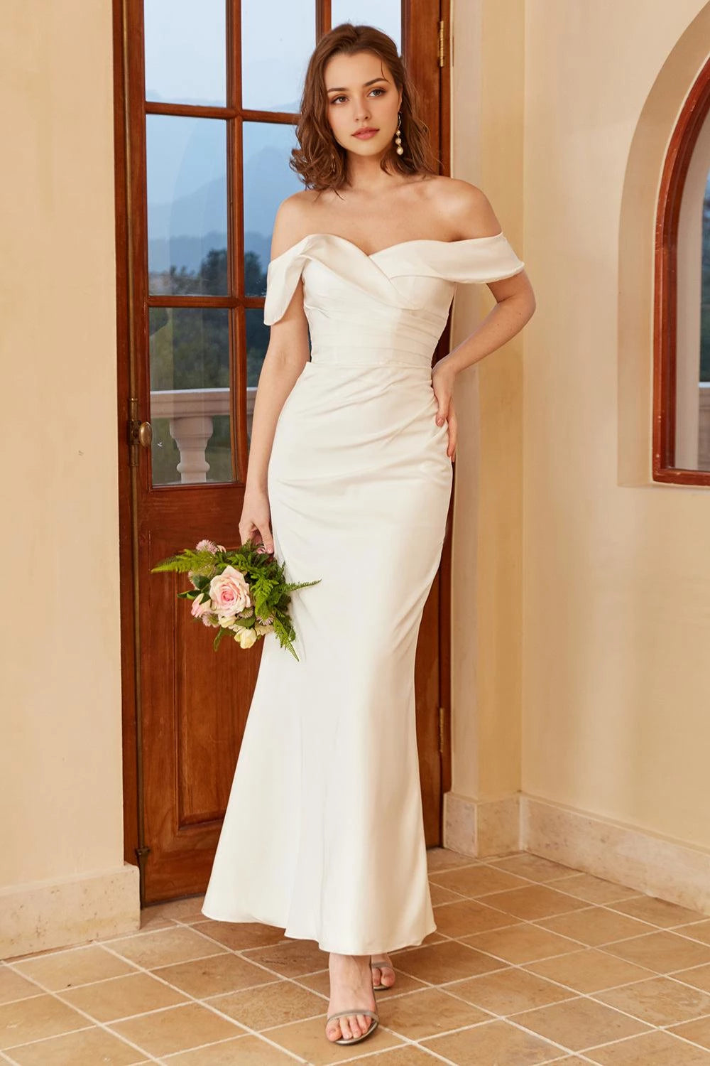 Elegant Mermaid Off Shoulder Flutter Sleeve Zipper Back Maxi Wedding Dress