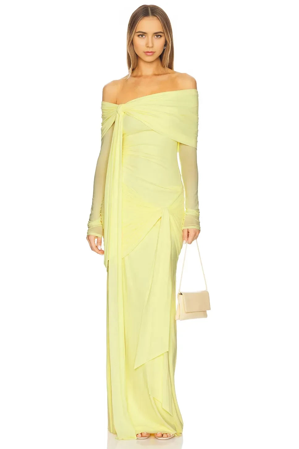 Elegant Mermaid Off Shoulder Mesh Long Sleeve Draped Back Floor Length Evening Dress