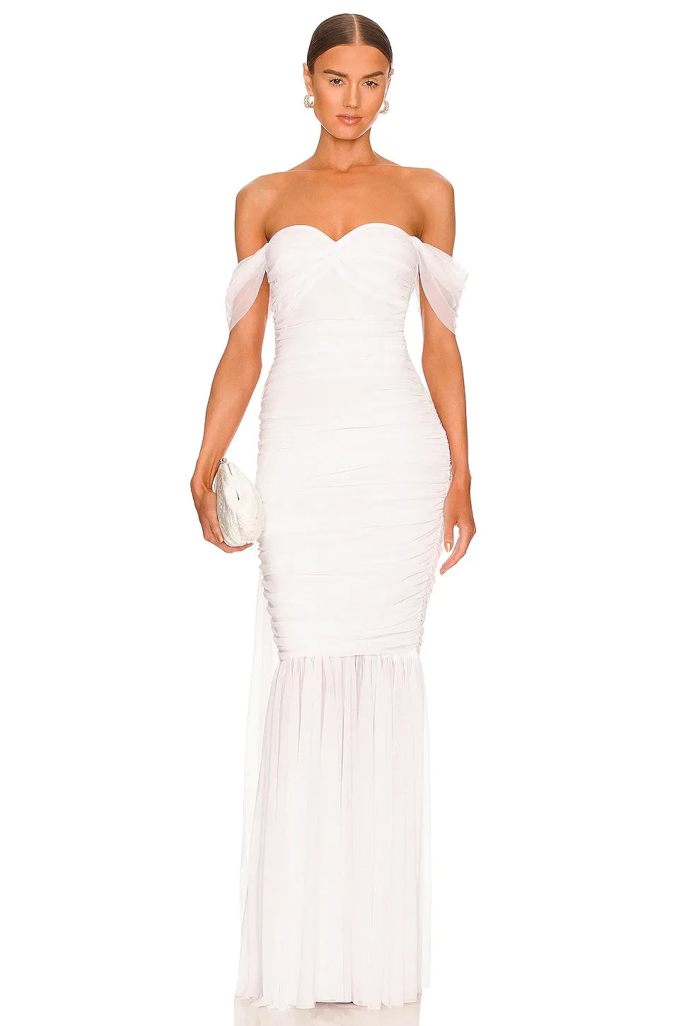 Elegant Mermaid Off Shoulder Short Sleeve Draped Back Floor Length Evening Dress