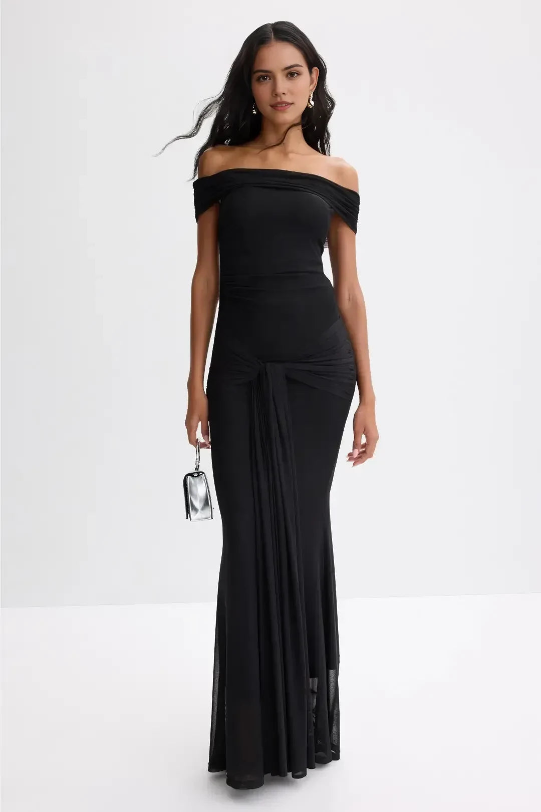 Elegant Mermaid Off Shoulder Short Sleeve Draped Bodice Floor Length Plus Size Prom Dress