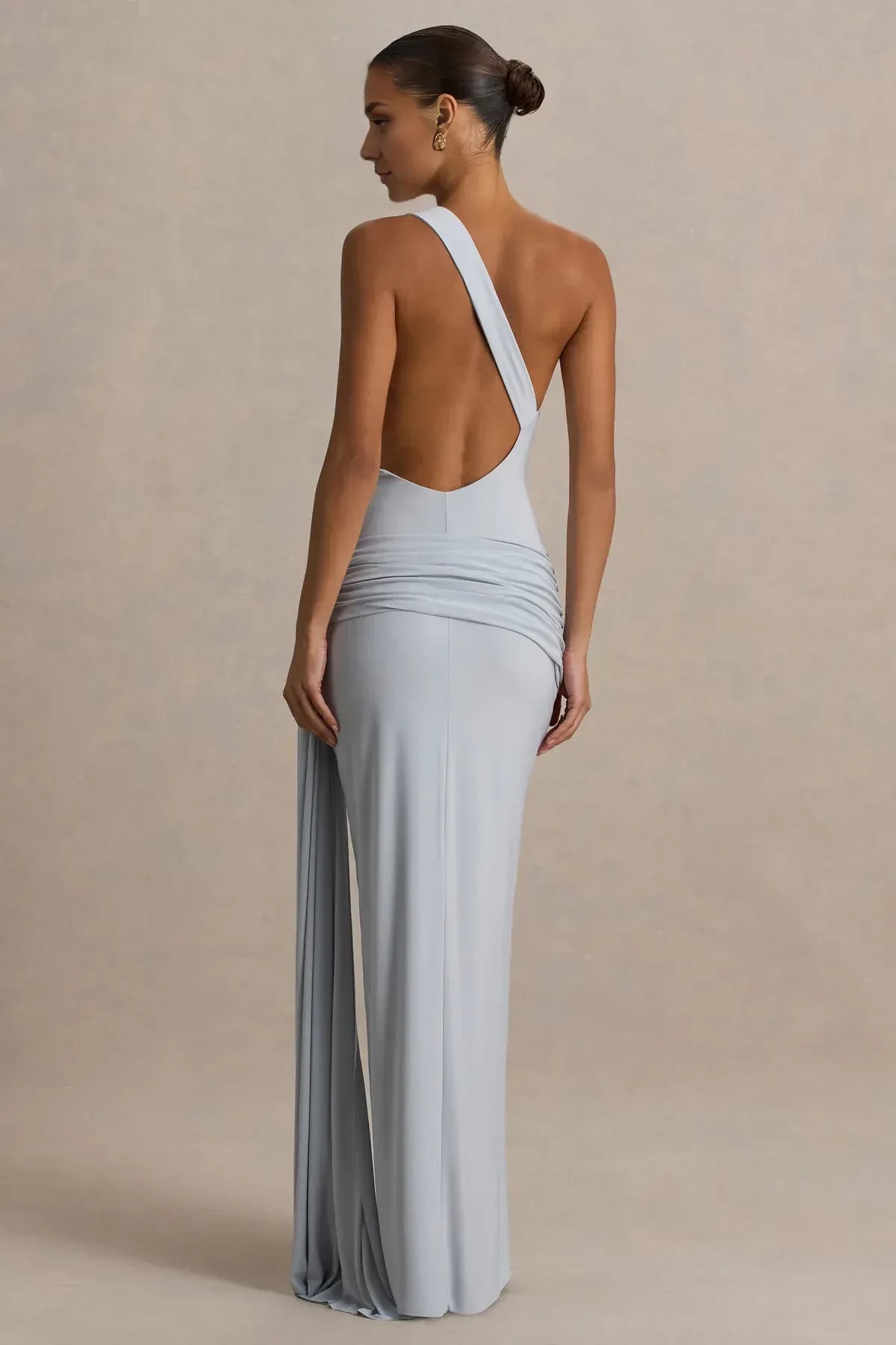 Elegant Mermaid One Shoulder Sleeveless Draped Waist Open Back Floor Length Evening Dress