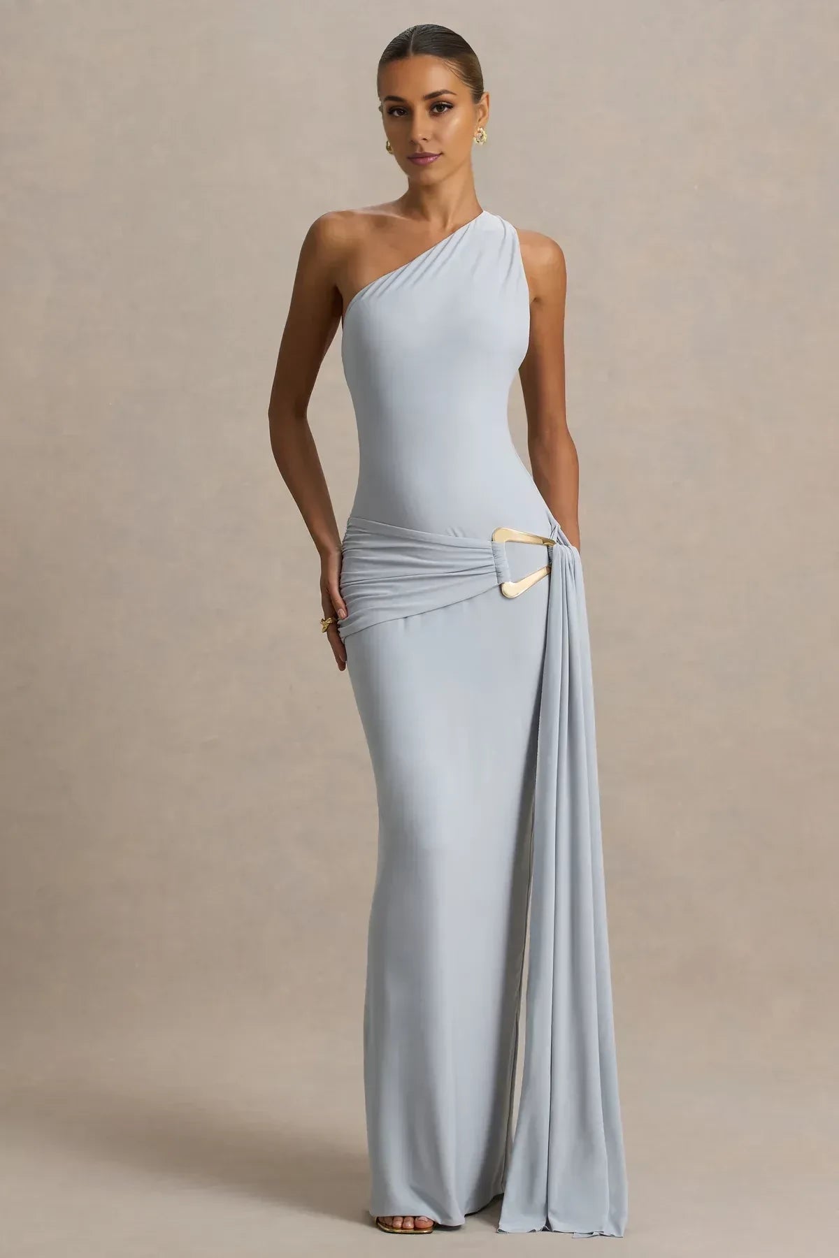 Elegant Mermaid One Shoulder Sleeveless Draped Waist Open Back Floor Length Evening Dress