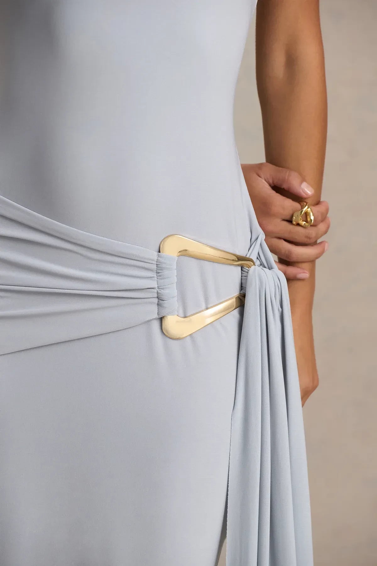 Elegant Mermaid One Shoulder Sleeveless Draped Waist Open Back Floor Length Evening Dress