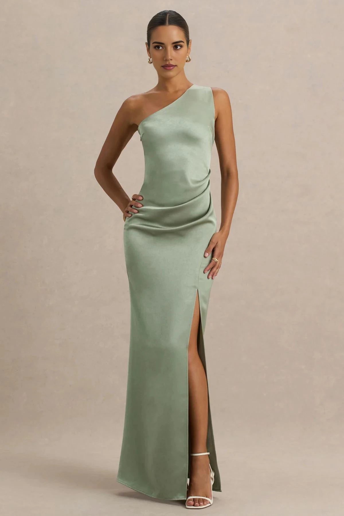 Elegant Mermaid One Shoulder Sleeveless Ruched Side High Slit Floor Length Evening Dress