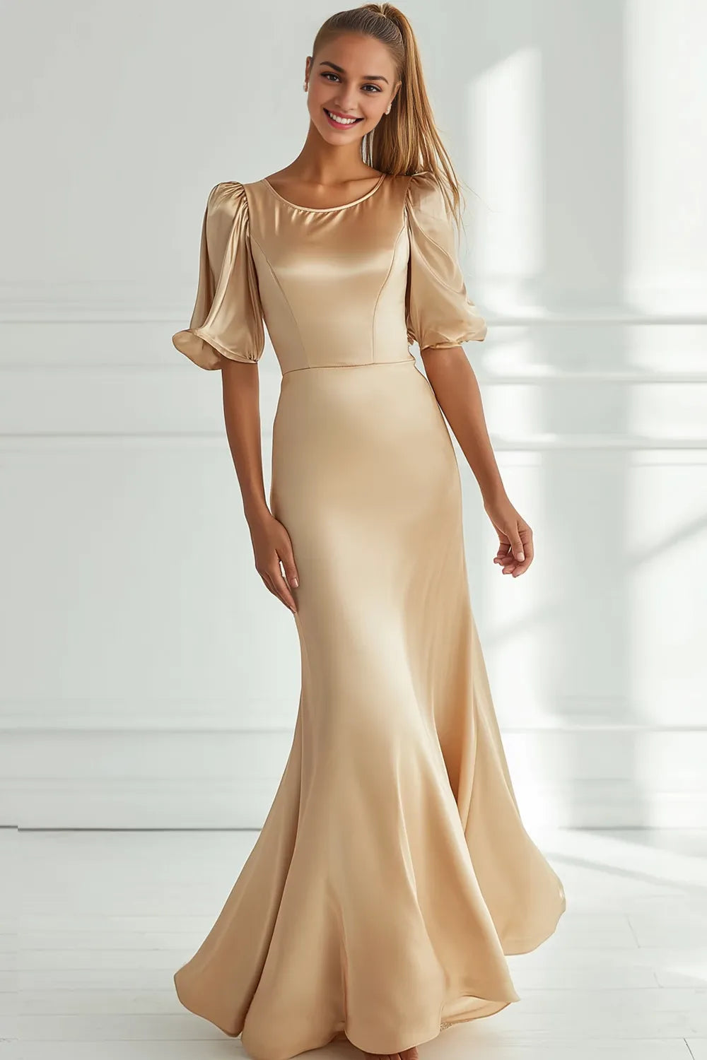Elegant Mermaid Round Neck Puff Sleeve Zip Back Floor length Evening Dress Homecoming Dress