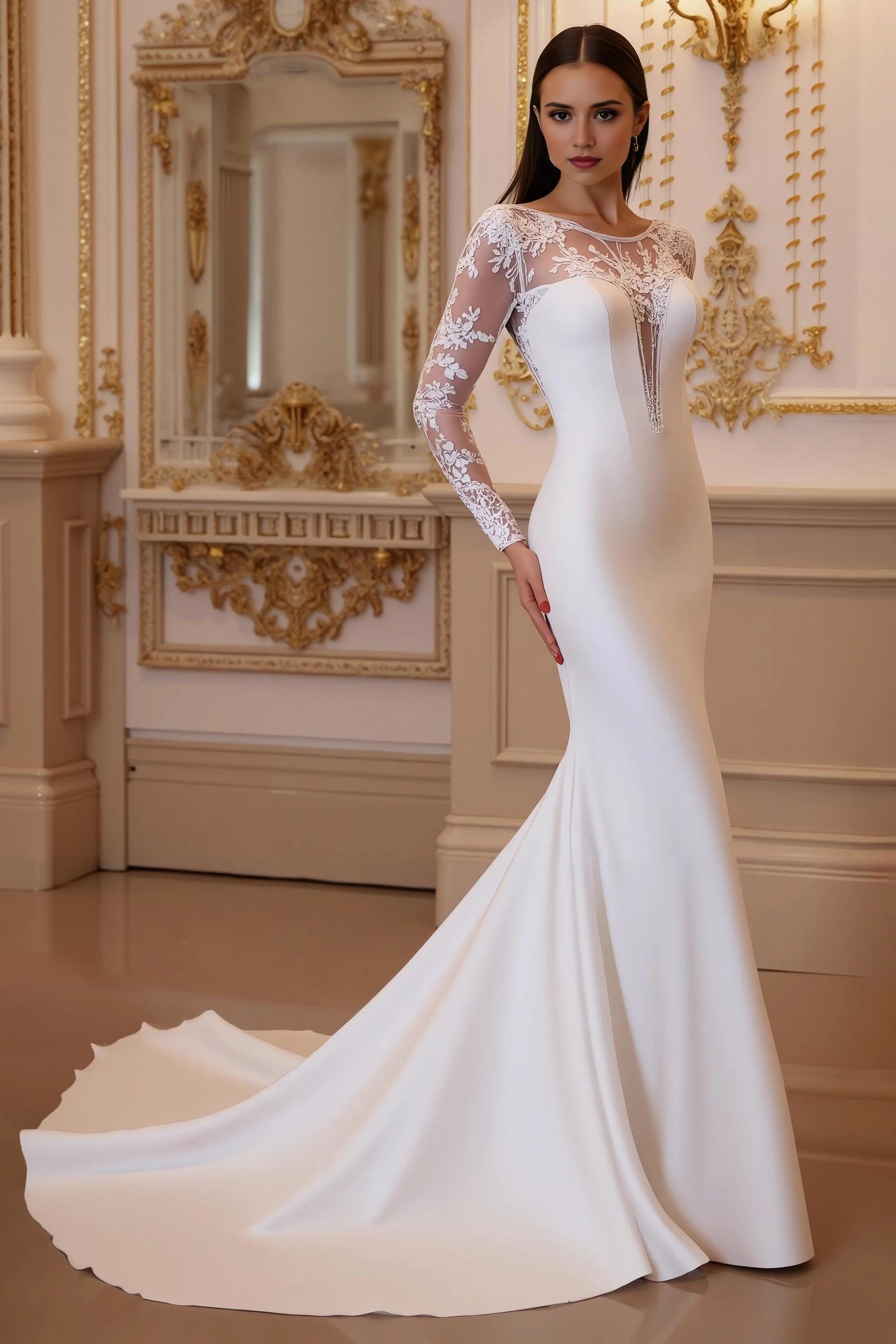Elegant Mermaid Scoop Neck Lace Long Sleeve Sheer Back Floor Length Wedding Dress
