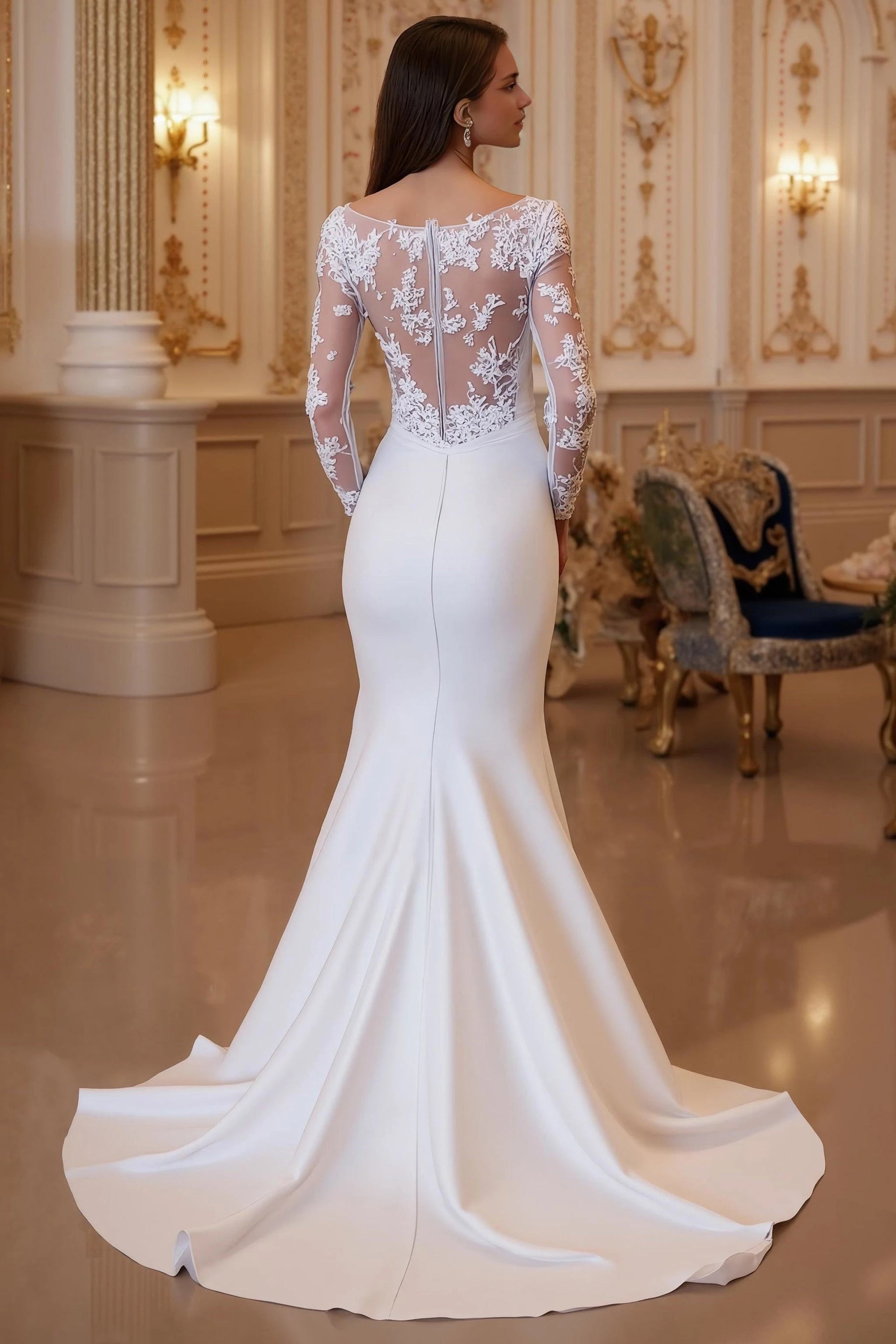 Elegant Mermaid Scoop Neck Lace Long Sleeve Sheer Back Floor Length Wedding Dress