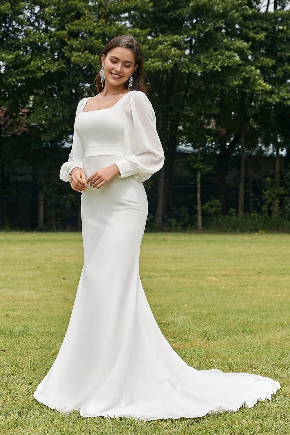 Elegant Mermaid Square Neck Puff Long Sleeve Open Back Maxi Wedding Dress