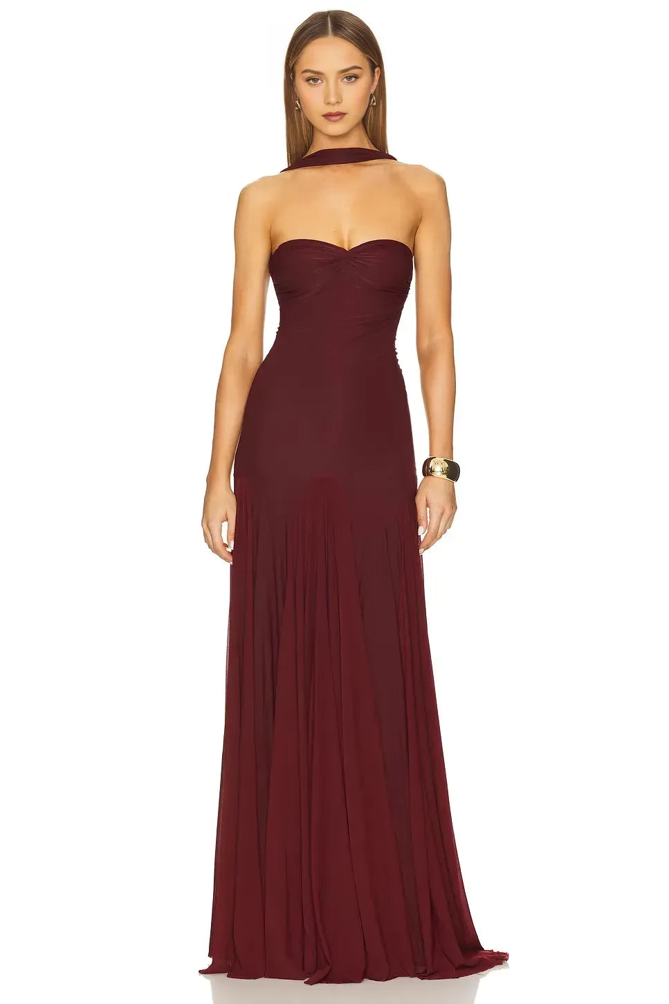 Elegant Mermaid Strapless Wrap Neck Ruched Back Floor Length Evening Dress