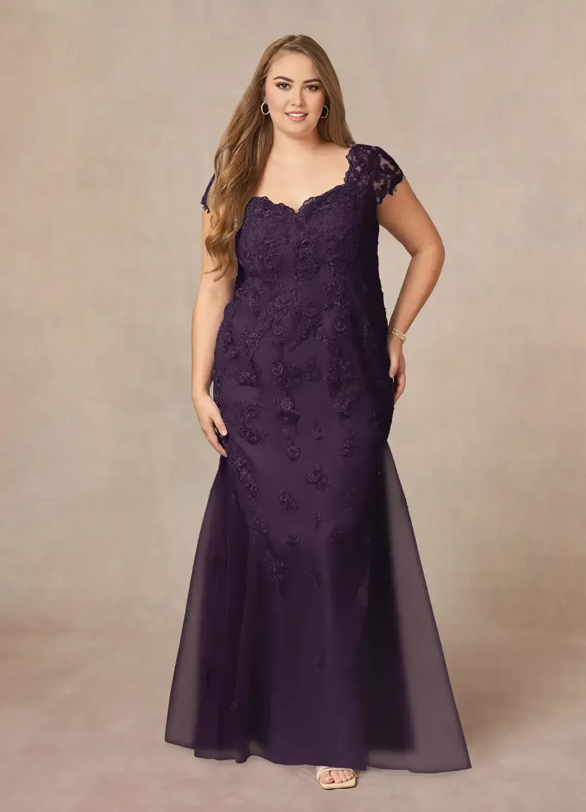 Elegant Mermaid Sweetheart Lace Cap Sleeve Zipper Back Plus Size Floor Length Mother of the Bride Dress