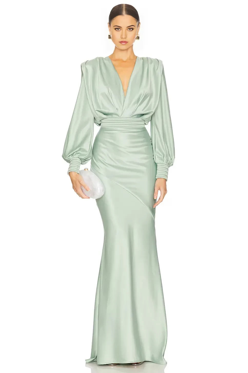 Elegant Mermaid V Neck Long Sleeve Keyhole Back Floor Length Evening Dress