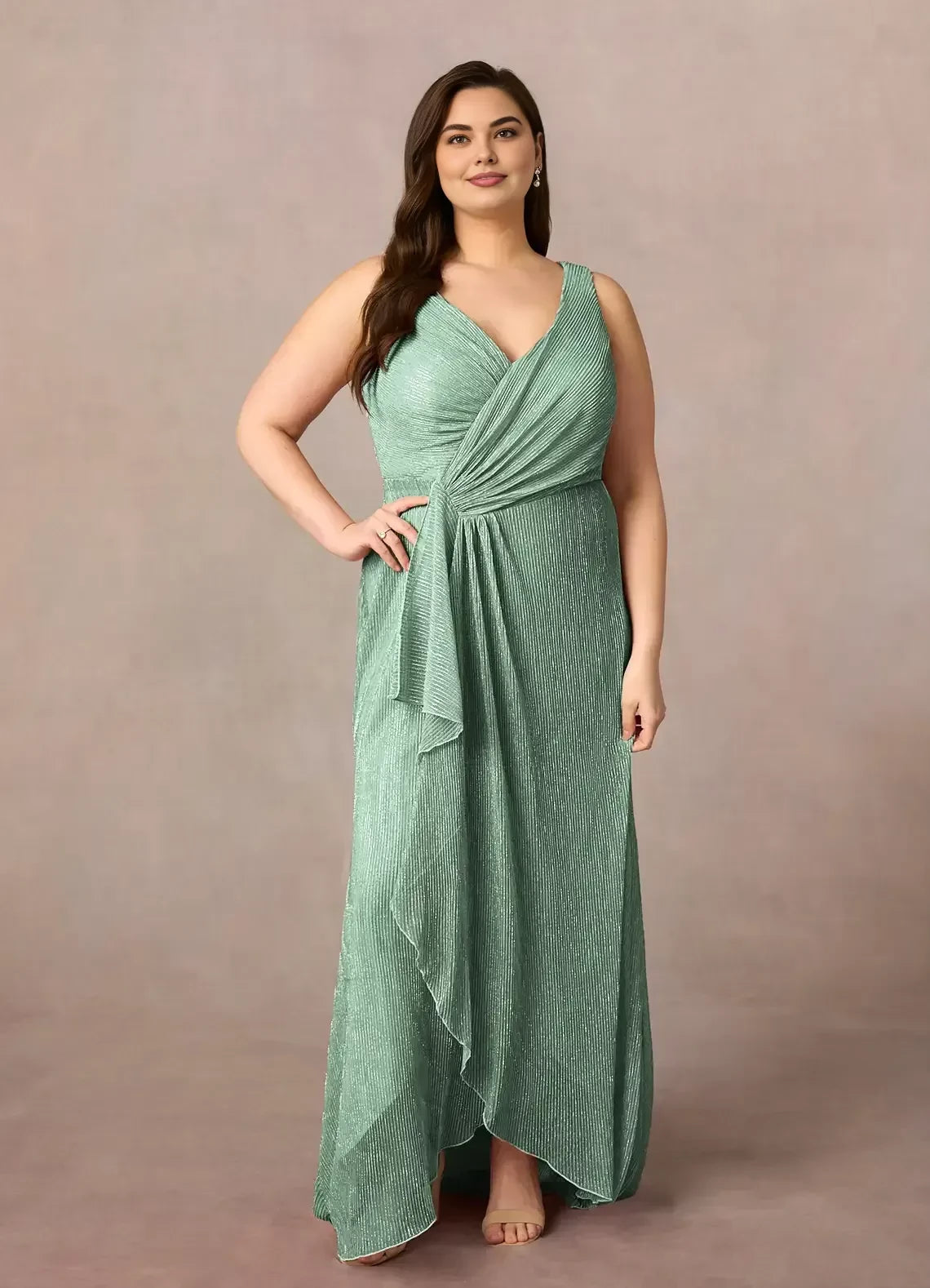 Elegant Mermaid V Neck Sleeveless Zipper Back Plus Size Asymmetrical Length Mother of the Bride Dress
