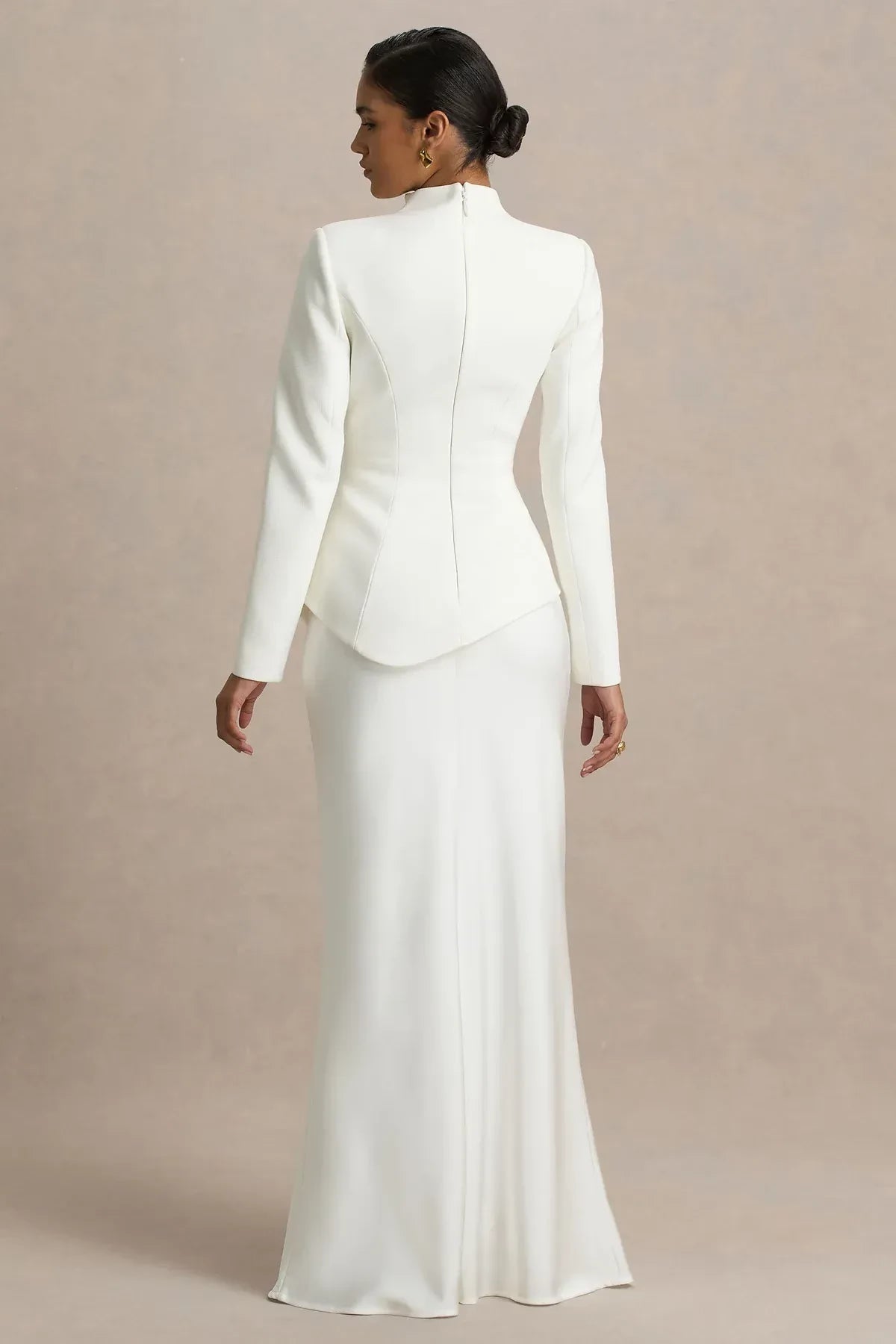 Elegant Peplum High Neck Long Sleeve Zip Back Floor Length Evening Dress