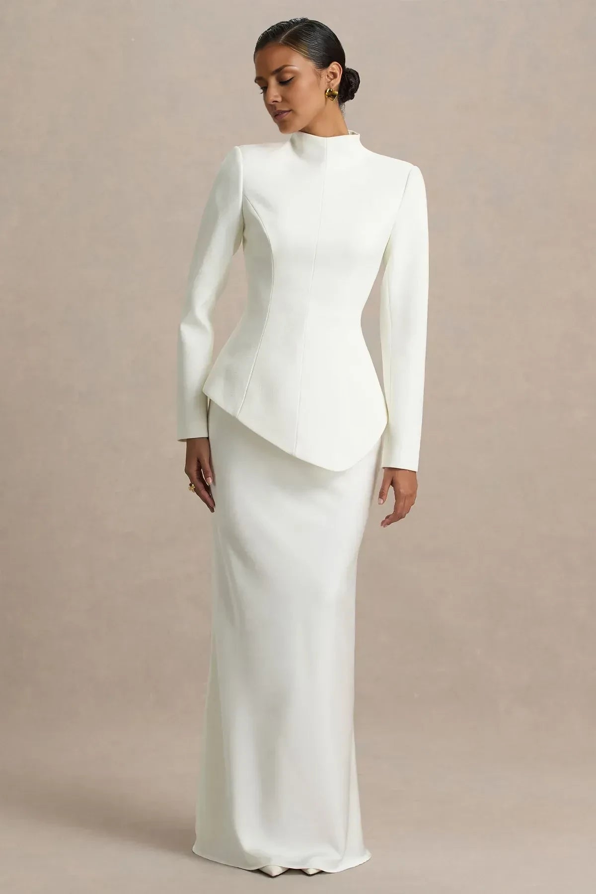 Elegant Peplum High Neck Long Sleeve Zip Back Floor Length Evening Dress