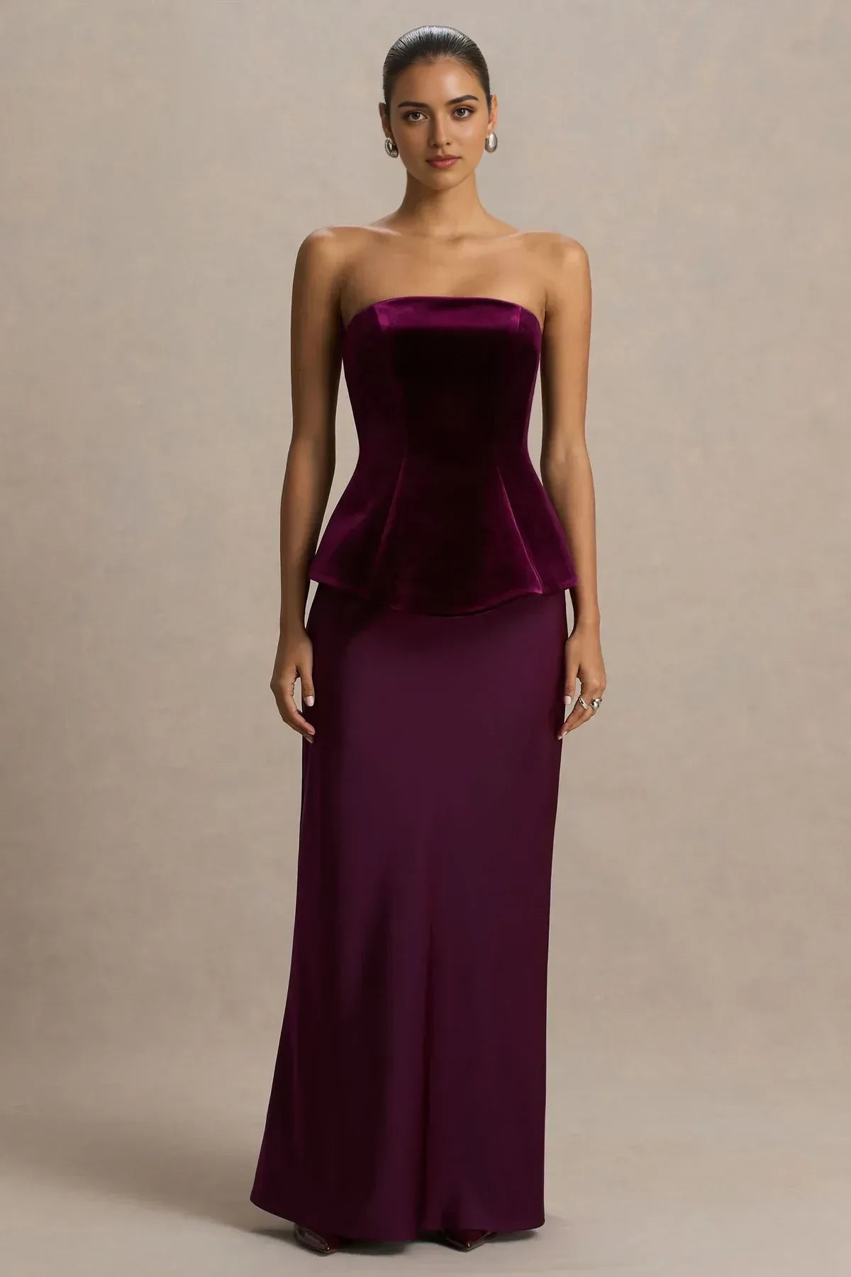 Elegant Peplum Strapless Sleeveless Zip Back Floor Length Evening Dress