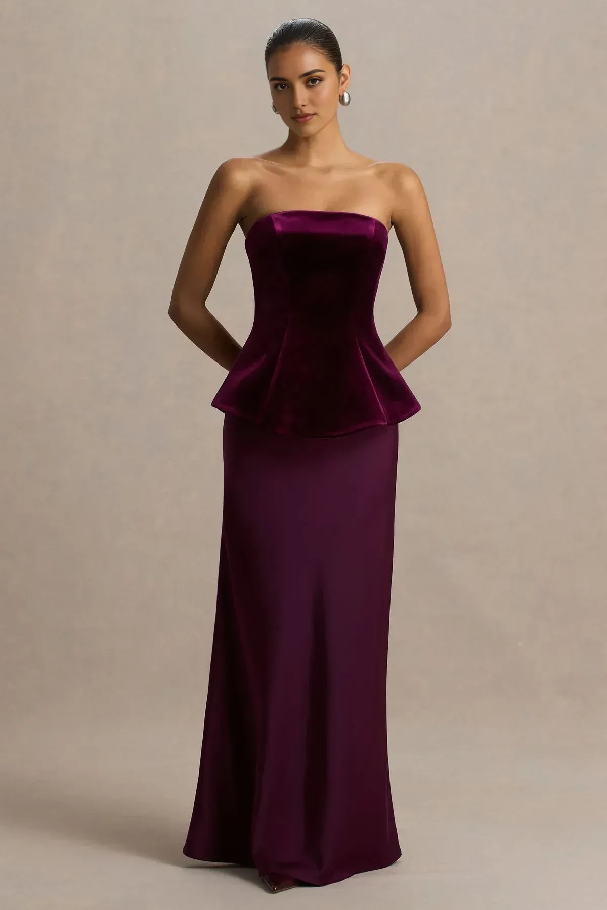 Elegant Peplum Strapless Sleeveless Zip Back Floor Length Evening Dress