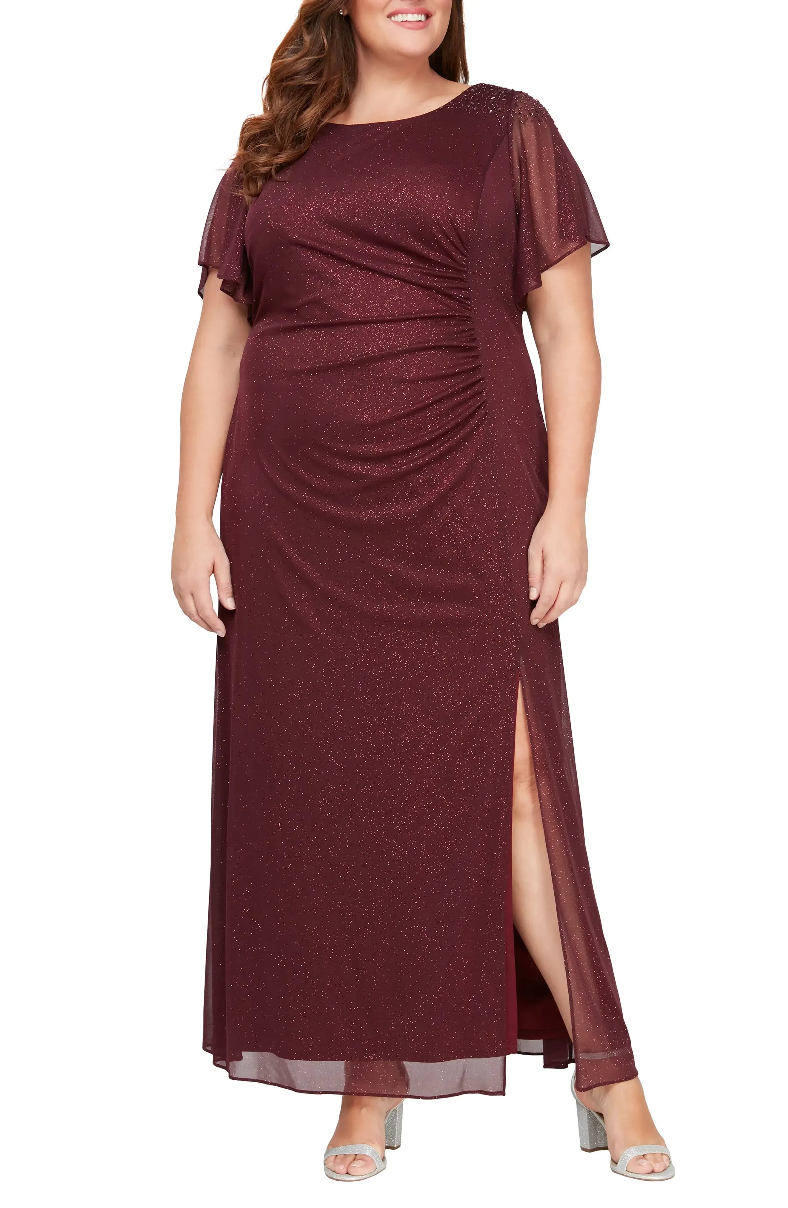 Elegant Plus Size A Line Boat Neck Flutter Sleeve Zipper Back Floor Length Evening Dress