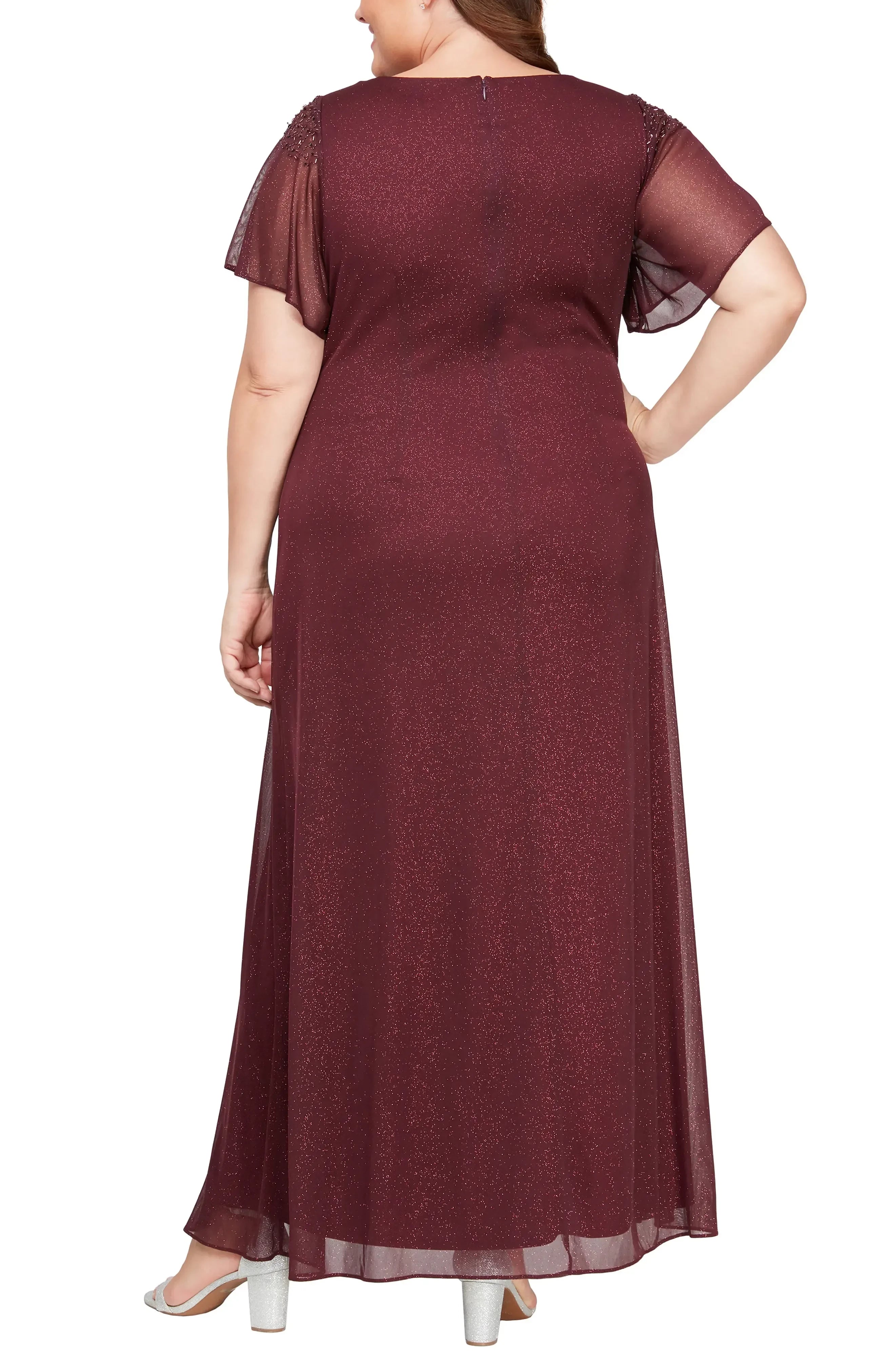 Elegant Plus Size A Line Boat Neck Flutter Sleeve Zipper Back Floor Length Evening Dress