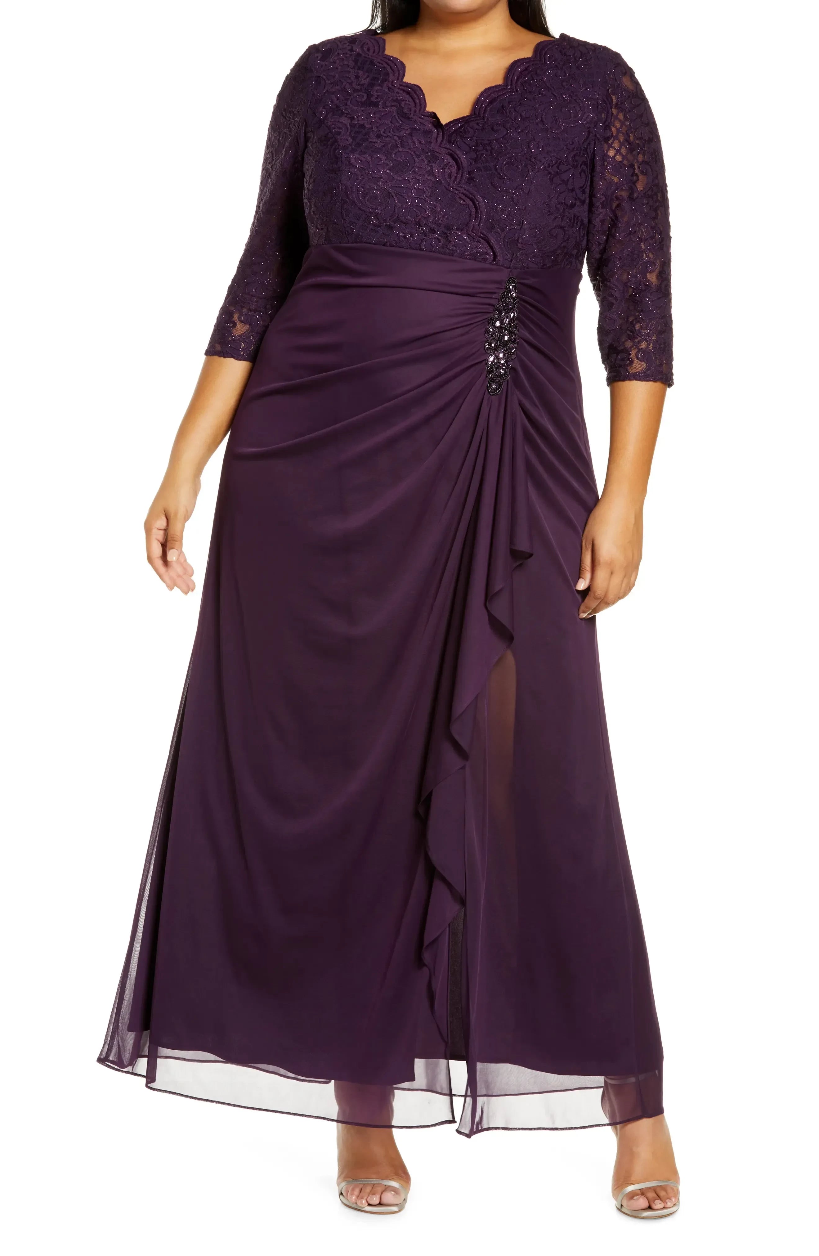 Elegant Plus Size A Line Scallop V Neck Three Quarter Sleeve Zipper Back Floor Length Evening Dress