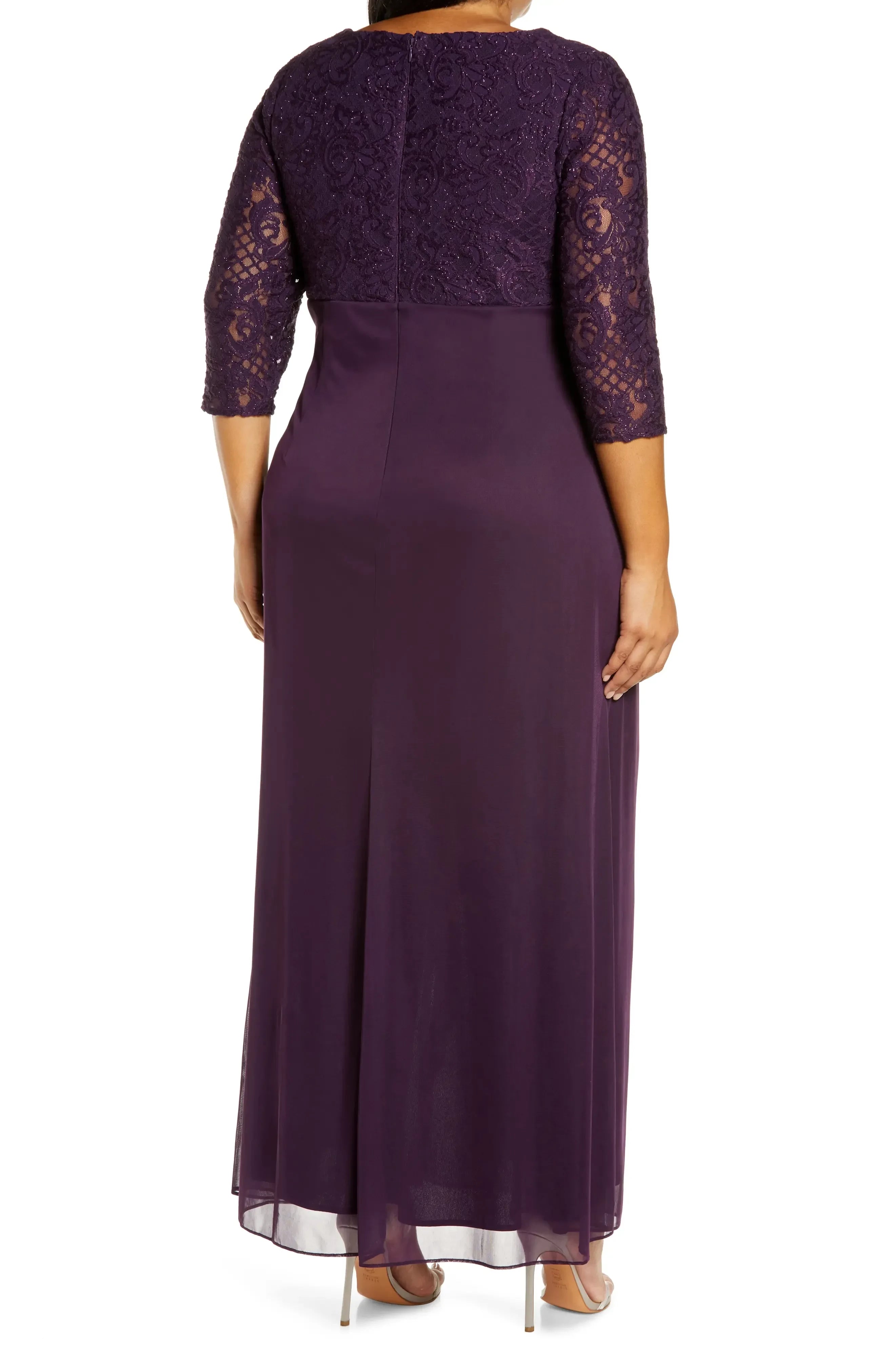 Elegant Plus Size A Line Scallop V Neck Three Quarter Sleeve Zipper Back Floor Length Evening Dress