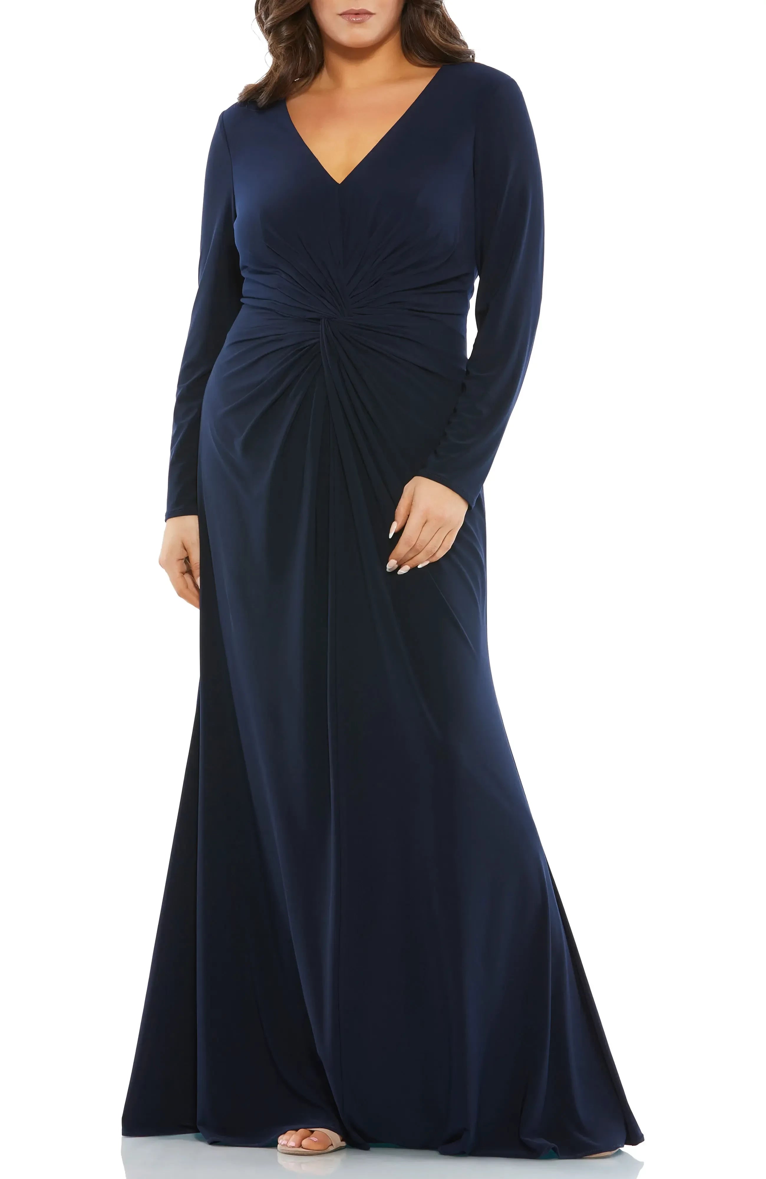 Elegant Plus Size Mermaid V Neck Long Sleeve Ruched Back Floor Length Evening Dress