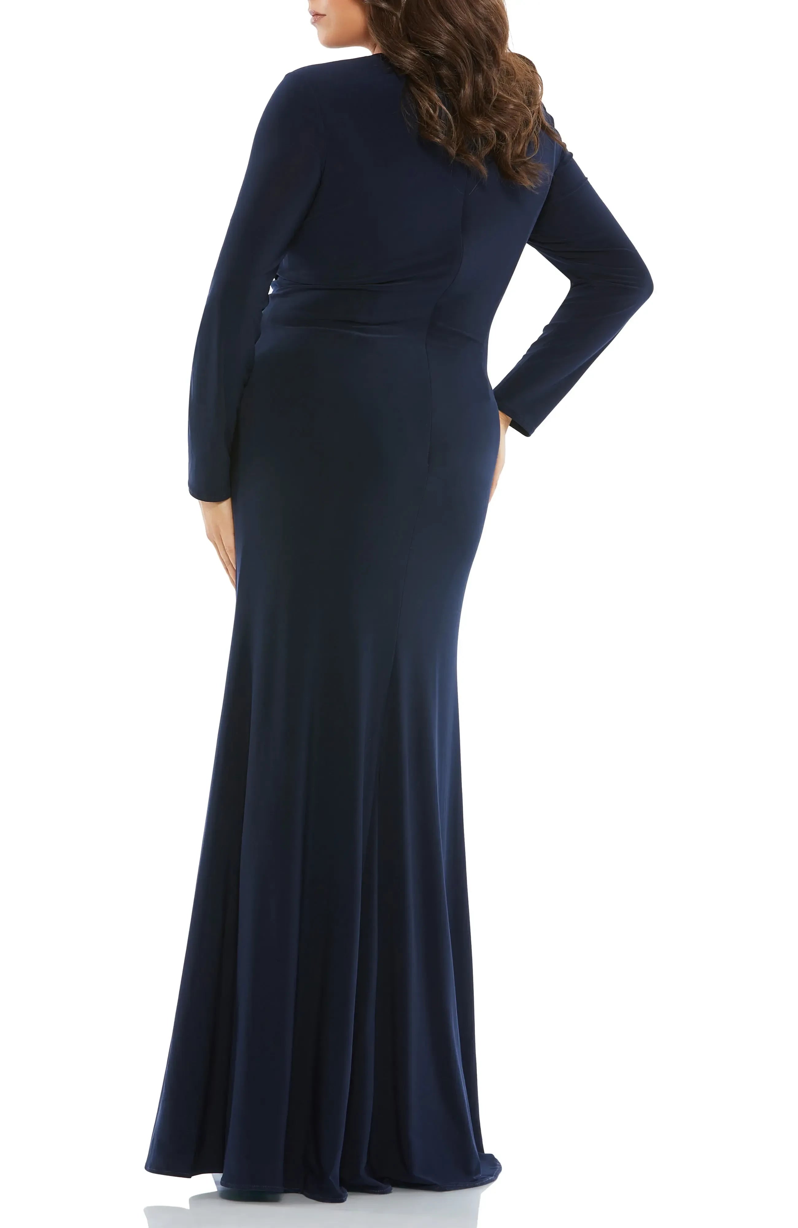Elegant Plus Size Mermaid V Neck Long Sleeve Ruched Back Floor Length Evening Dress