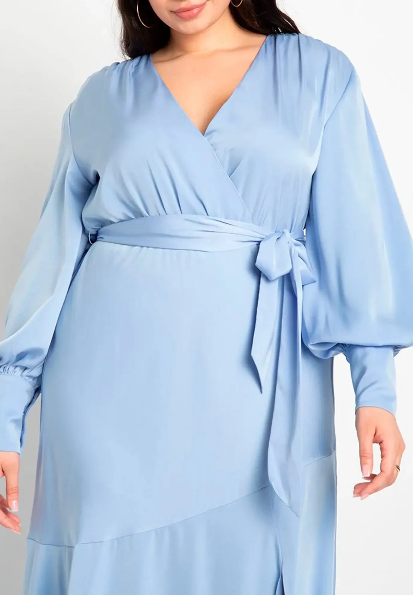 Elegant Plus Size Wrap V Neck Bishop Sleeve Tie Back Floor Length Evening Dress