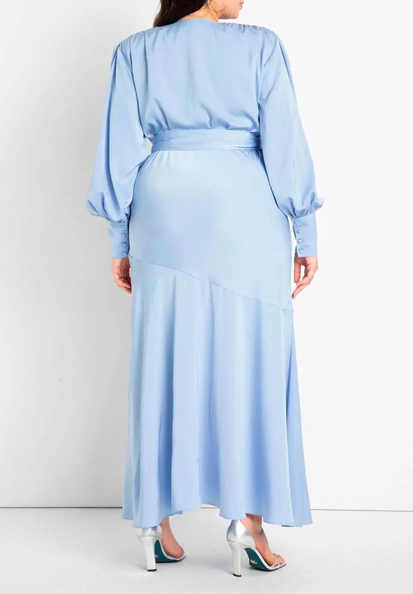 Elegant Plus Size Wrap V Neck Bishop Sleeve Tie Back Floor Length Evening Dress